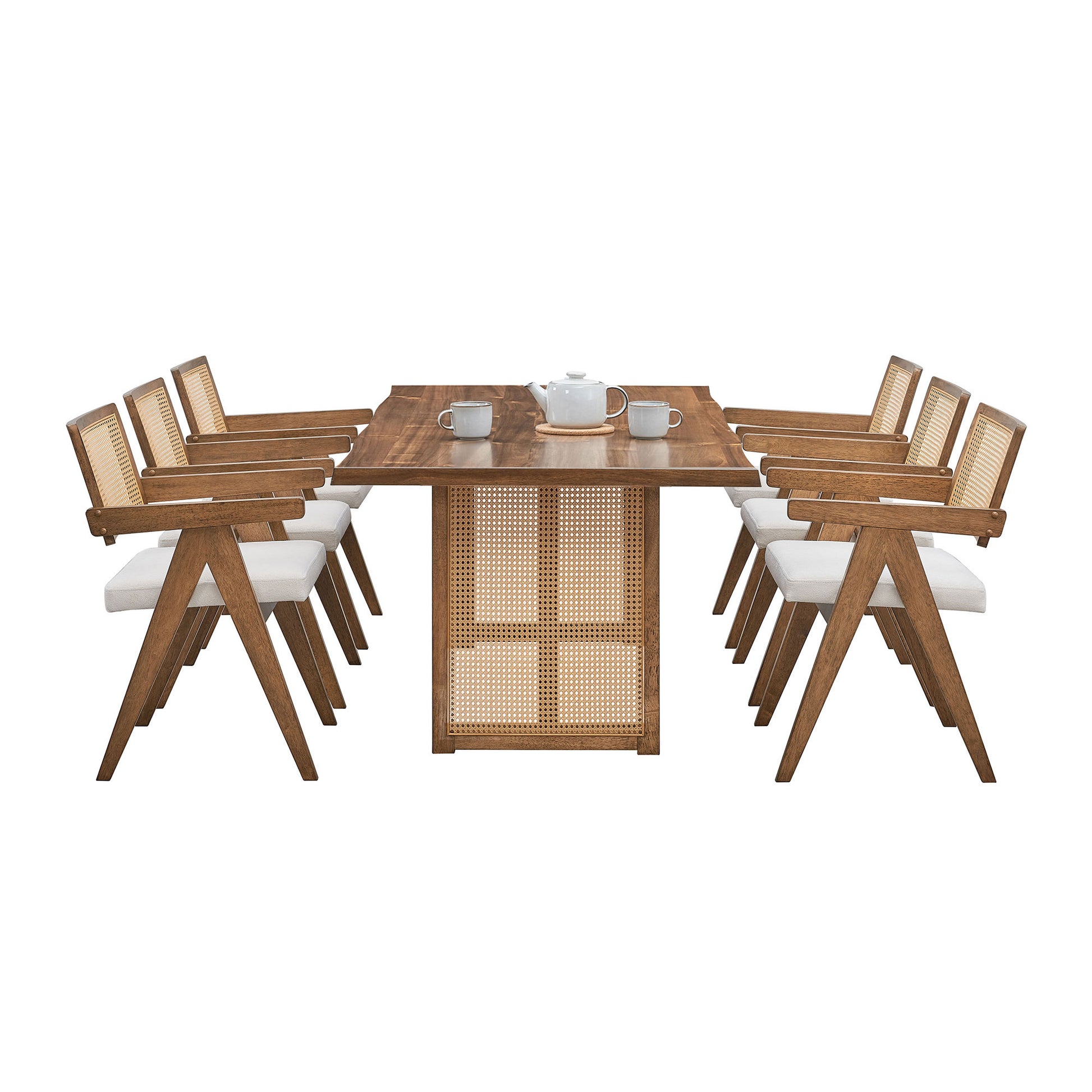 86.61 Inch Oversize Rectangular Waves Dining Table,Wooden Dining Table For 6 Persons,Mid Century Modern Large Kitchen Table For Living Room,Bohemian Dining Table With Rattan Weave For Restaurant Oak