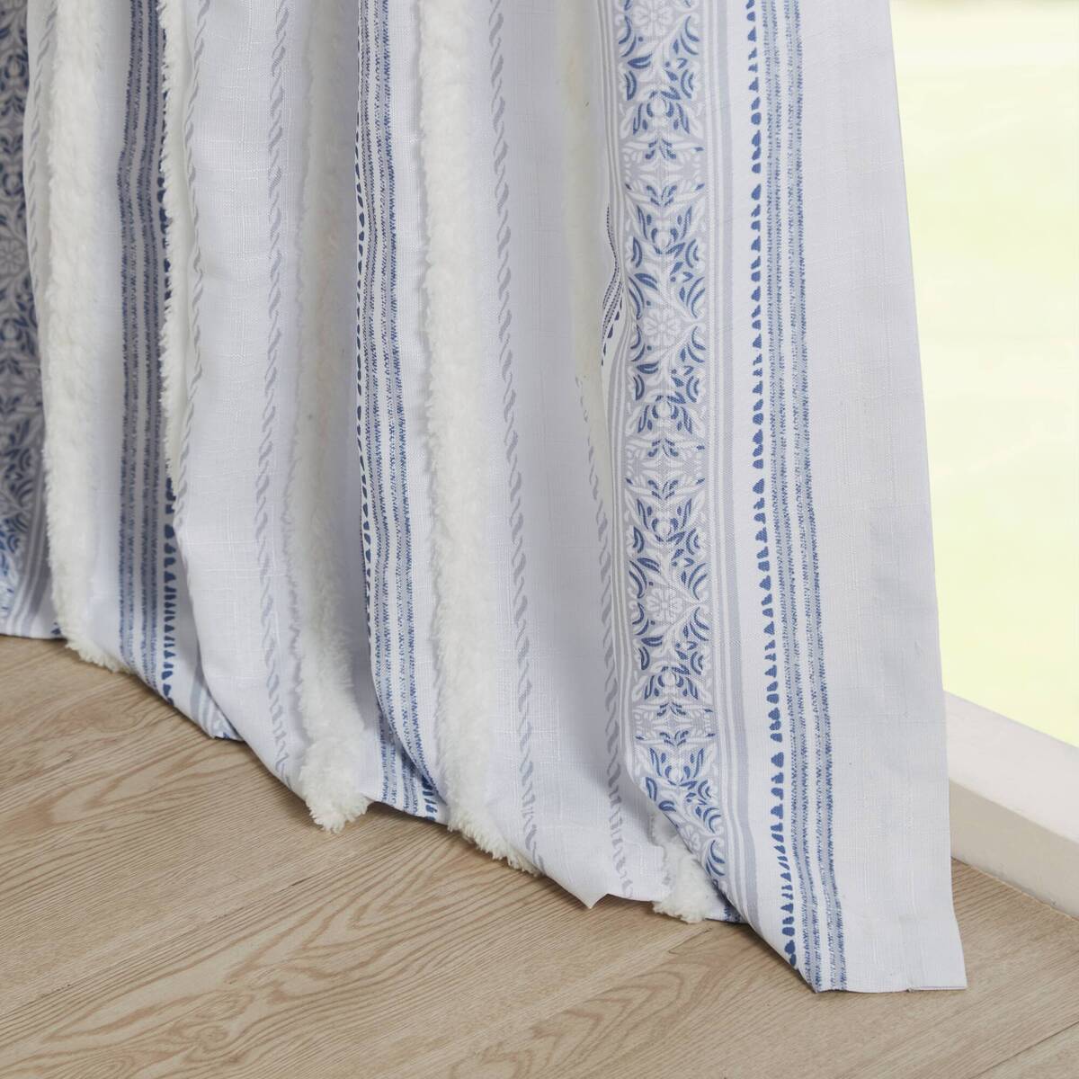 Poly Printed Curtain Panel With Tufted Stripe And Lining White Navy 50X95" Multicolor Polyester