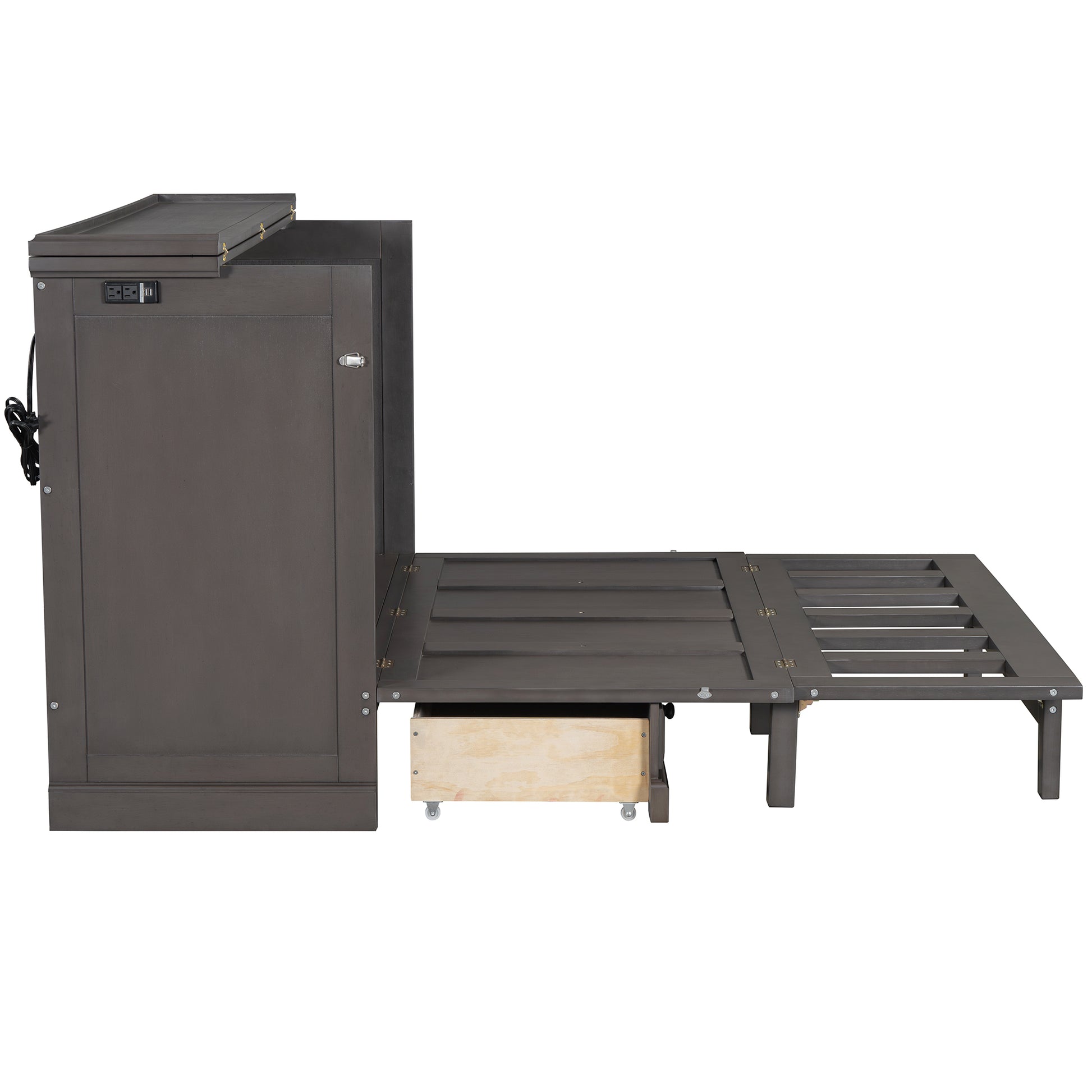 Solid Pine Murphy Bed Chest Cube Cabinet Bed With Charging Station And Large Storage Drawer For Home Office Or Small Room,Full,Gray Box Spring Not Required Full Gray Wood Gray Pine Murphy Solid Wood Mdf