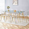Table And Chair Set.Modern Rectangular Glass Dining Table With Tempered Glass Countertop And Golden Metal Legs, Paired With Multiple Transparent High Quality Pet Dining Chairs With Golden Legs. Gold Seats 8 Tempered Glass