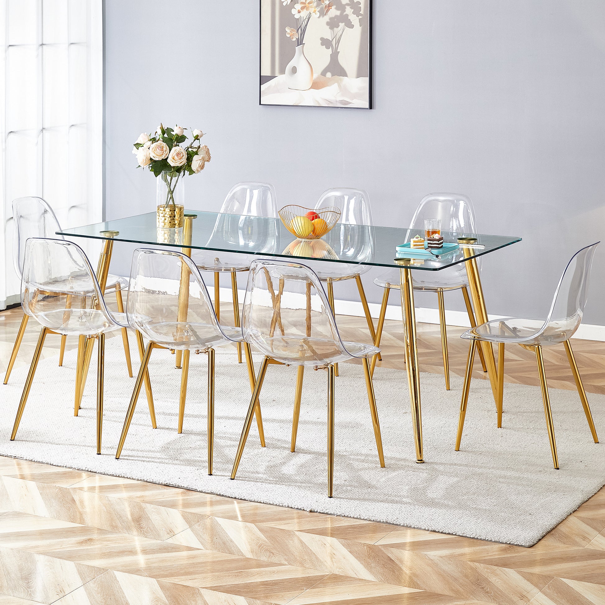 Table And Chair Set.Modern Rectangular Glass Dining Table With Tempered Glass Countertop And Golden Metal Legs, Paired With Multiple Transparent High Quality Pet Dining Chairs With Golden Legs. Gold Seats 8 Tempered Glass