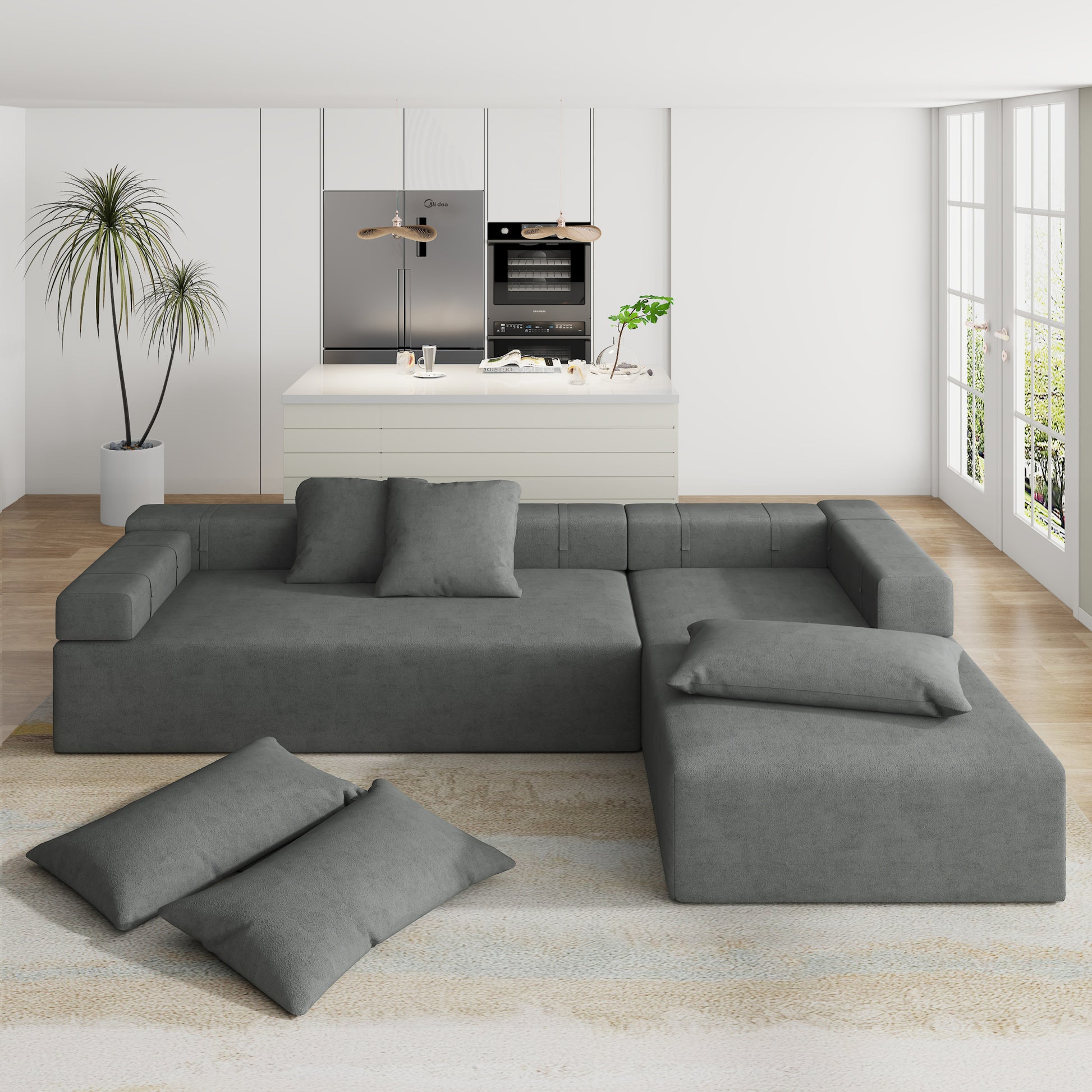 Modern Upholstered Sectional Sofa Couch Set,Modular 108" L Shaped Sectional Living Room Sofa Set With 6 Pillows,Free Combination Sofa Couch For Living Room,Bedroom Grey Foam Chenille 3 Seat