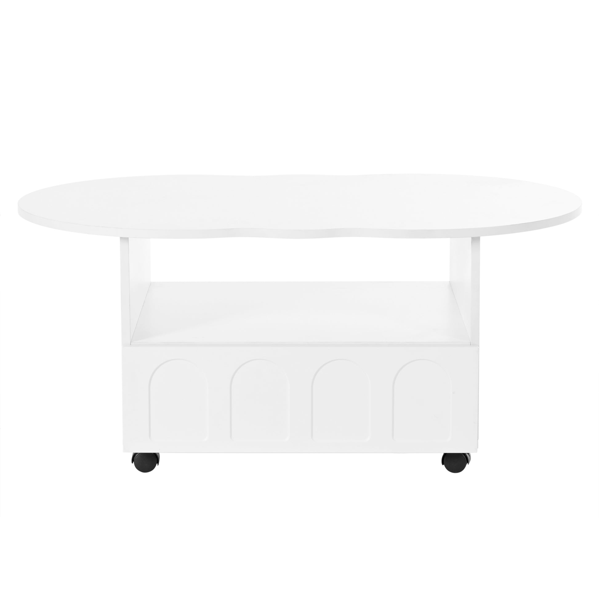 Flexible Cream Style Coffee Table With 2 Brake Wheels, Cloud Top Side Table With Drawer, Irregular Center Table With Large Storage For Living Room, White, 39.37''X 23.6'' White Particle Board