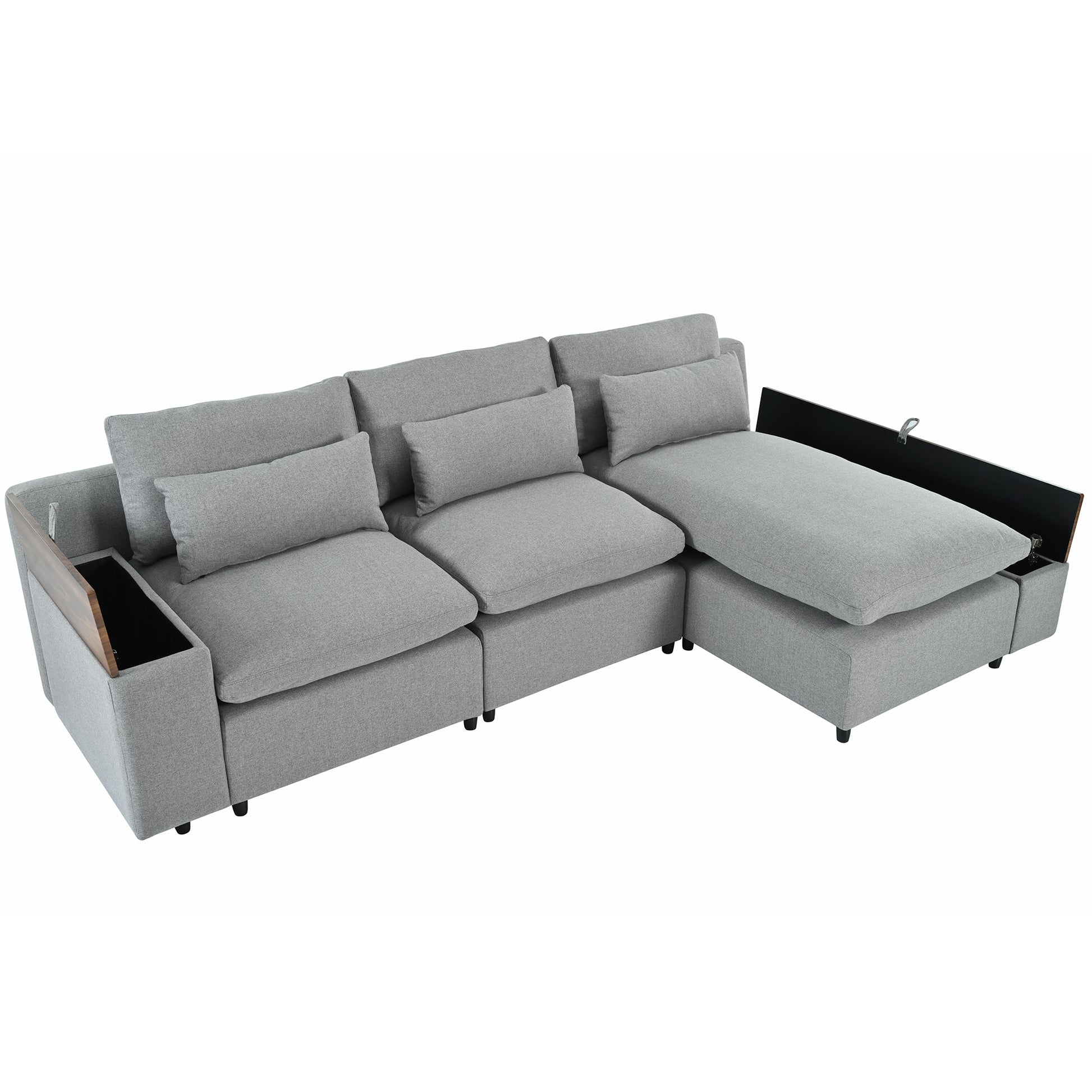 L Shaped Modular Sectional Sofa With Removable Back Cushions,3 Pillows And 2 Storage Spaces,Suitable For Living Rooms,Offices And Apartments Gray Polyester 3 Seat