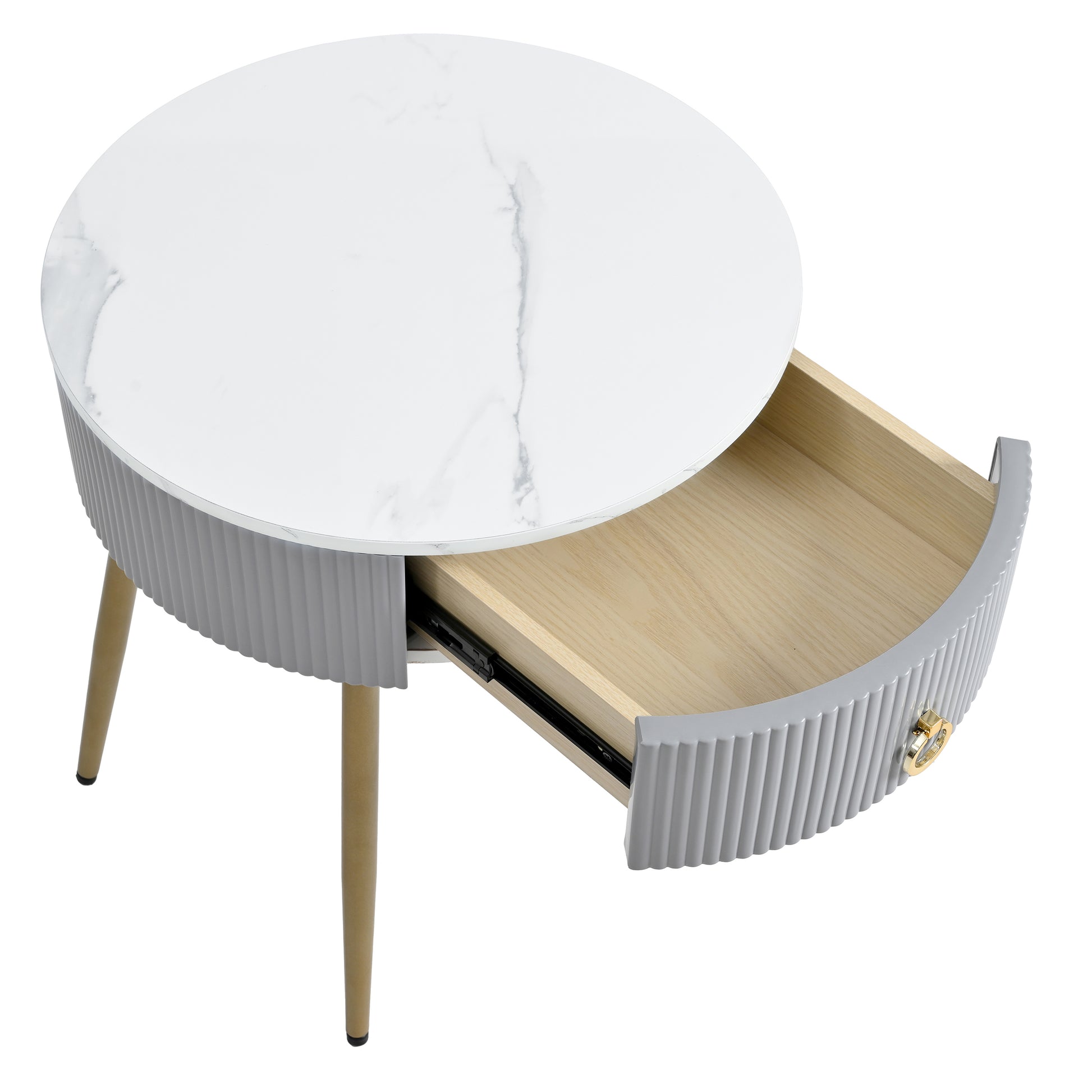 19.6'' Easy Assembly End Tables With High Gloss Faux Marble Tabletops, Set Of 2, Modern Fluted 2 Side Tables With Drawers, Round Coffee Tables With Golden Legs For Living Room, Grey Grey Gold Primary Living Space Drawers Round Mdf Iron
