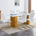 Table And Chair Set.Large Modern Rectangular Table With 0.4 Inch Patterned Glass Tabletop And Large Mdf Table Legs.Comes With 6 Chairs With Faux Leather Cushioned Seats And Golden Metal Legs. Gold White Seats 6 Mdf Glass