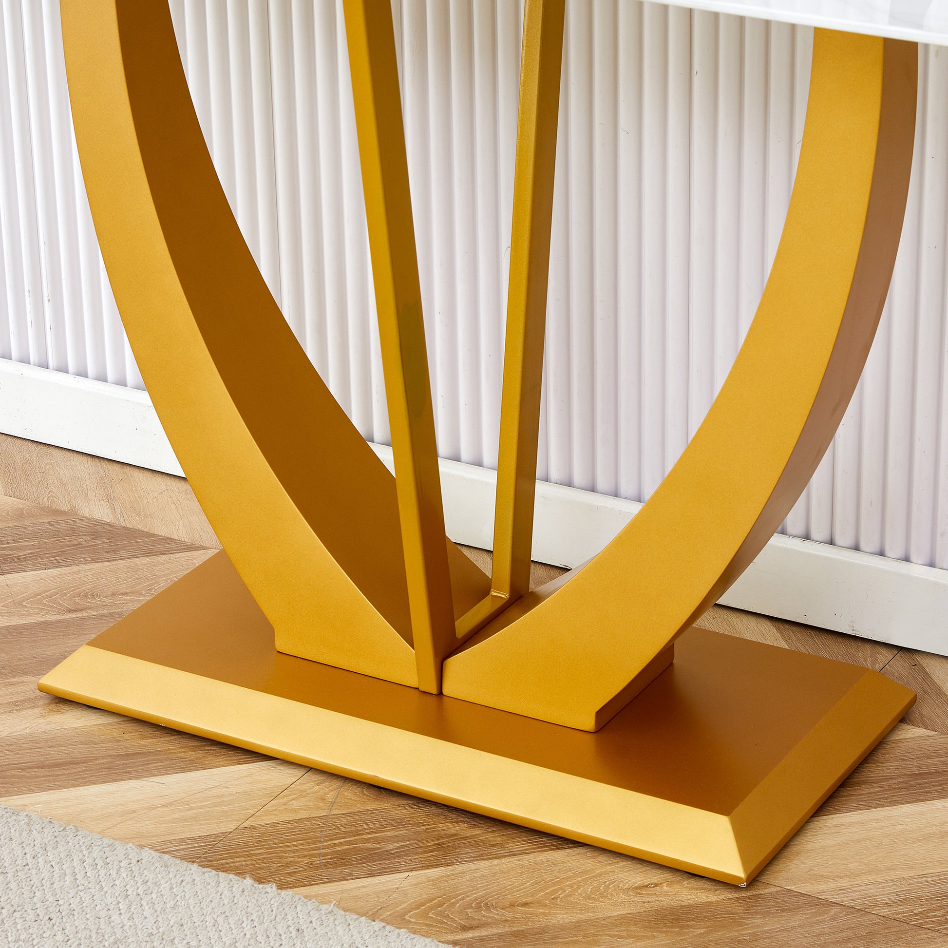 Modern And Simple Rectangular Glass Dining Table In White With A Pattern, 0.39 "White Top And Gold Legs, Suitable For Entrance And Living Room. White Glass