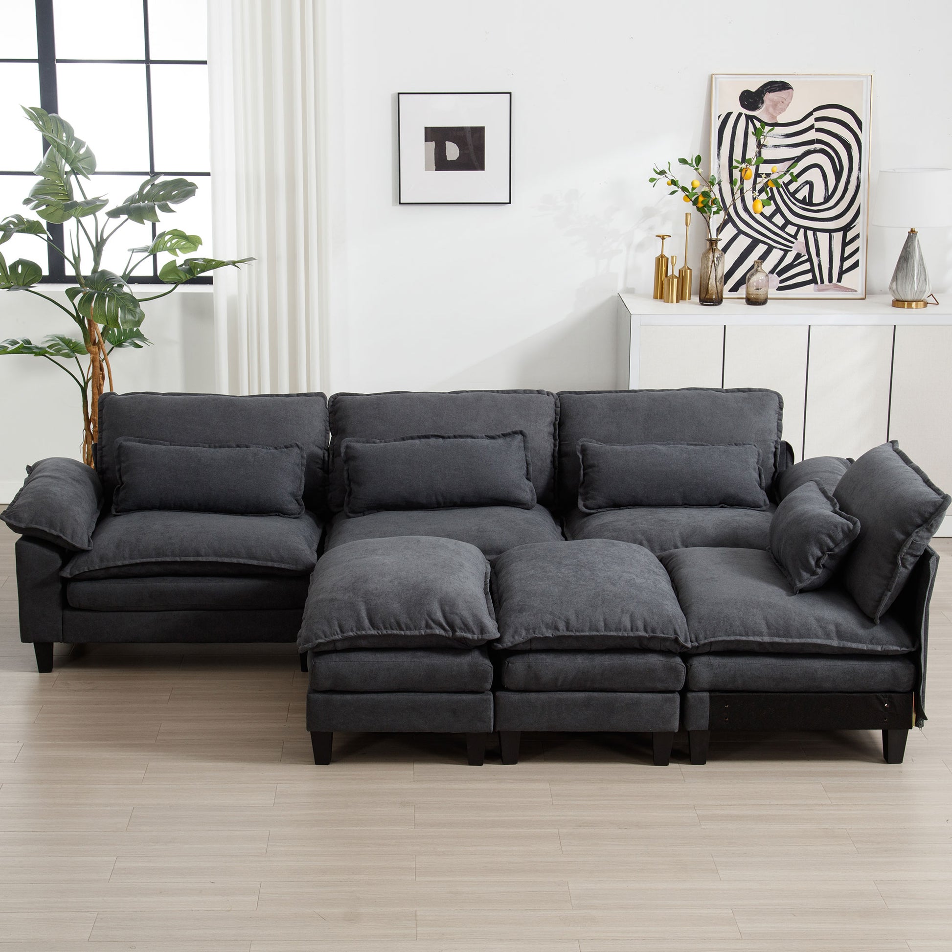 154.8" Oversized Modular Sofaice Velvet Large U Shaped Couch Comfy Upholstered 4 Seat Sofa With 2 Ottoman, 4 Lumbar Pillow, Deep Seat Couch For Living Room Dark Gray Primary Living Space Modern Foam Polyester 6 Seat