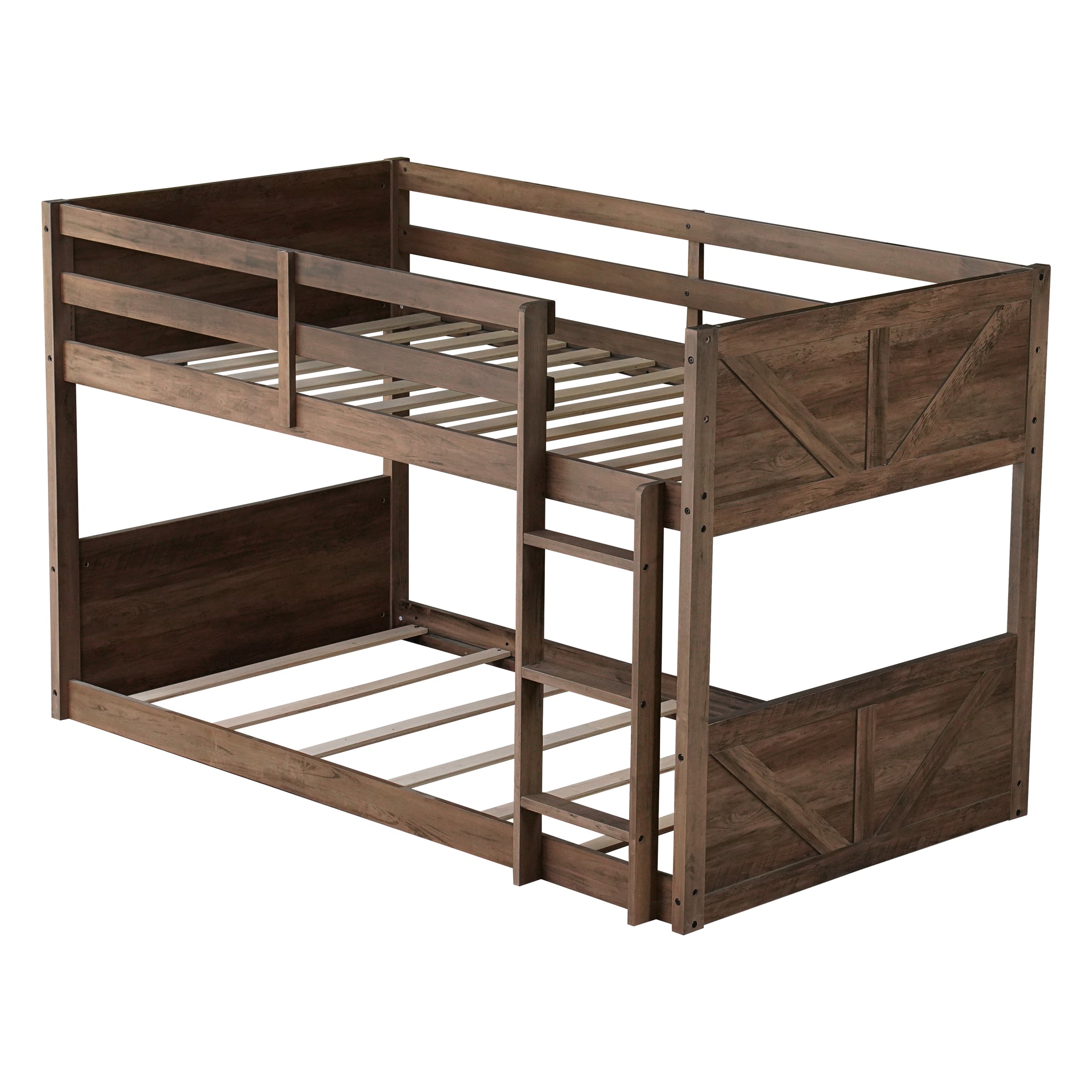 Twin Over Twin Floor Bunk Bed With Panelled Headboard And Footboard, Solid Rubber Wood Foundation With Safety Guardrails, Built In Ladder,Antique Oak Twin Antique Dark Oak Rubber Wood