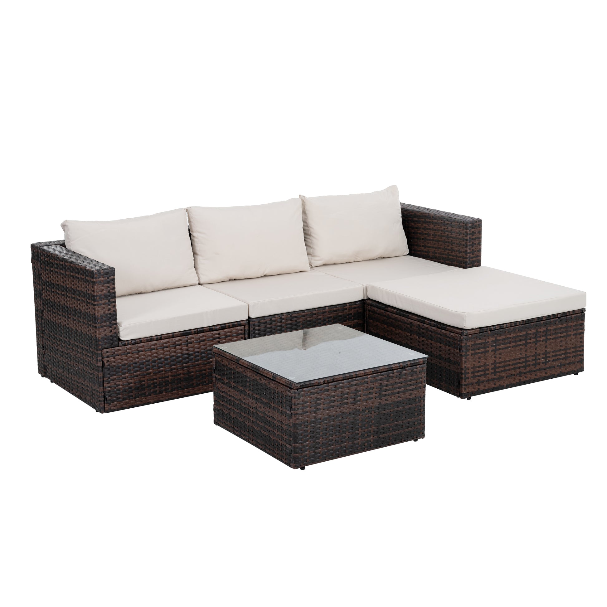 Patio Furniture, Outdoor Furniture, Seasonal Pe Wicker Furniture, 5 Set Wicker Furniture With Tempered Glass Coffee Table Brown Seats 4 Pe Rattan Iron Waterproof Fabric