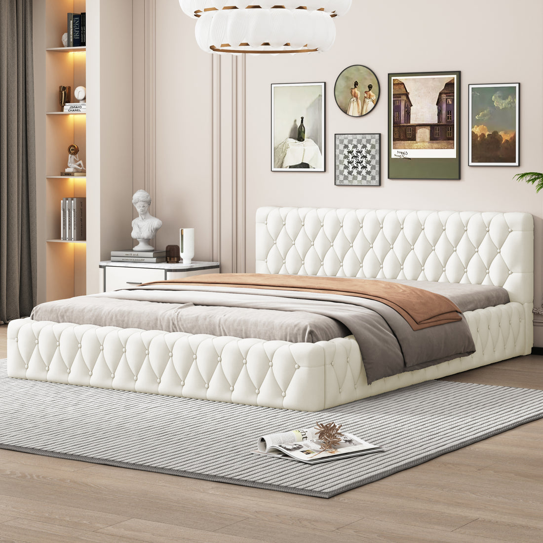 Queen Size Velvet Upholstered Platform Bed, With Luxurious Diamond Grid Headboard,Beige Queen Beige Plywood