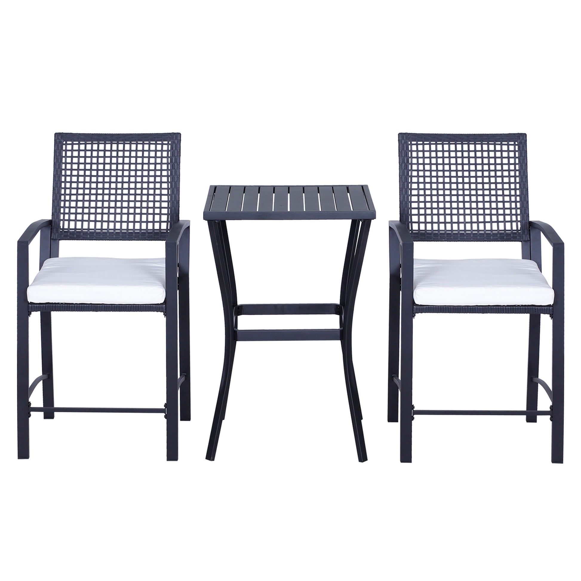 Outsunny 3Pcs Patio Bar Set With Soft Cushion, Rattan Wicker Outdoor Furniture Set For Backyards, Lawn, Deck, Poolside Black Steel