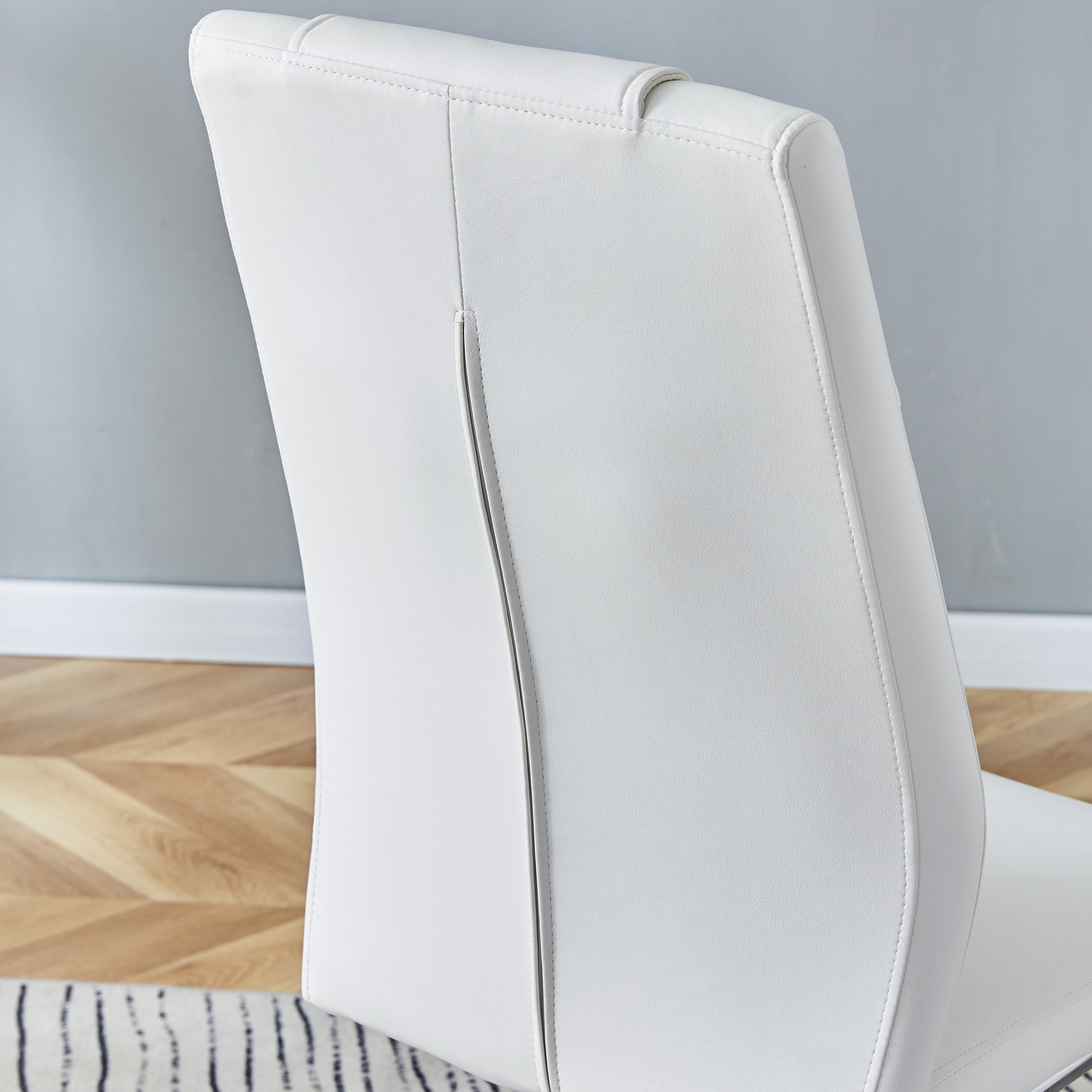 Table And Chair Set.Modern Rectangular Glass Dining Table With A Tempered Glass Tabletop And Silver Metal Legs, Paired With Multiple Chairs Designed With Pu Cushions And Silver Metal Legs. Silver White Seats 8 Tempered Glass