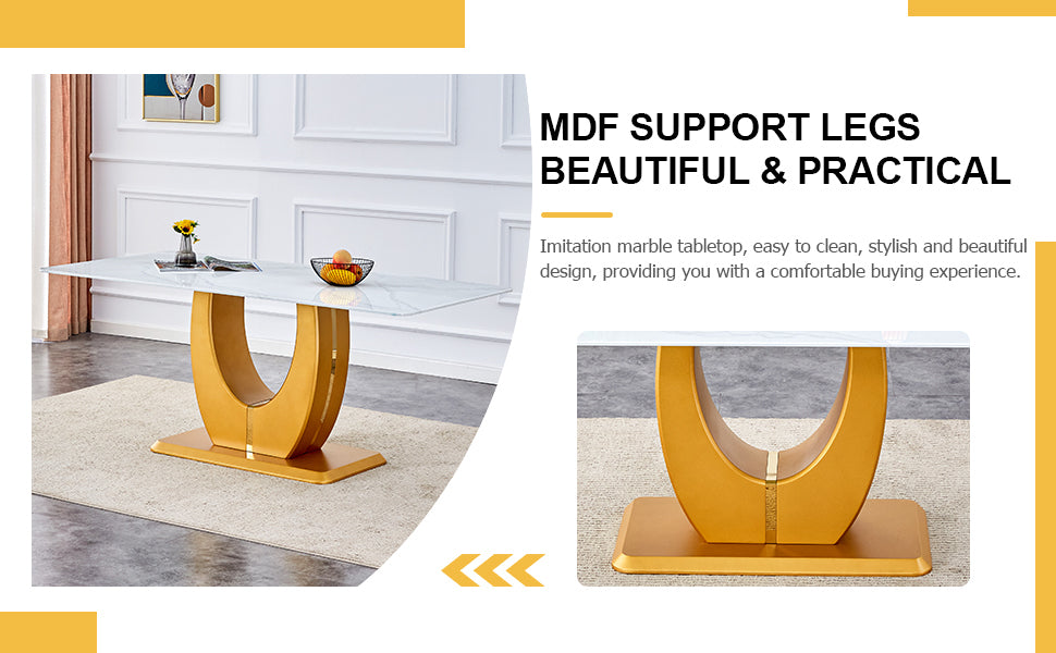 Table And Chair Set, Modern Minimalism And Luxurious White Rectangular Pattern Dining Table. Soft And Comfortable Dining Chairs For Dining Rooms, Living Rooms, Terraces And Kitchens. White Seats 8 Mdf Glass