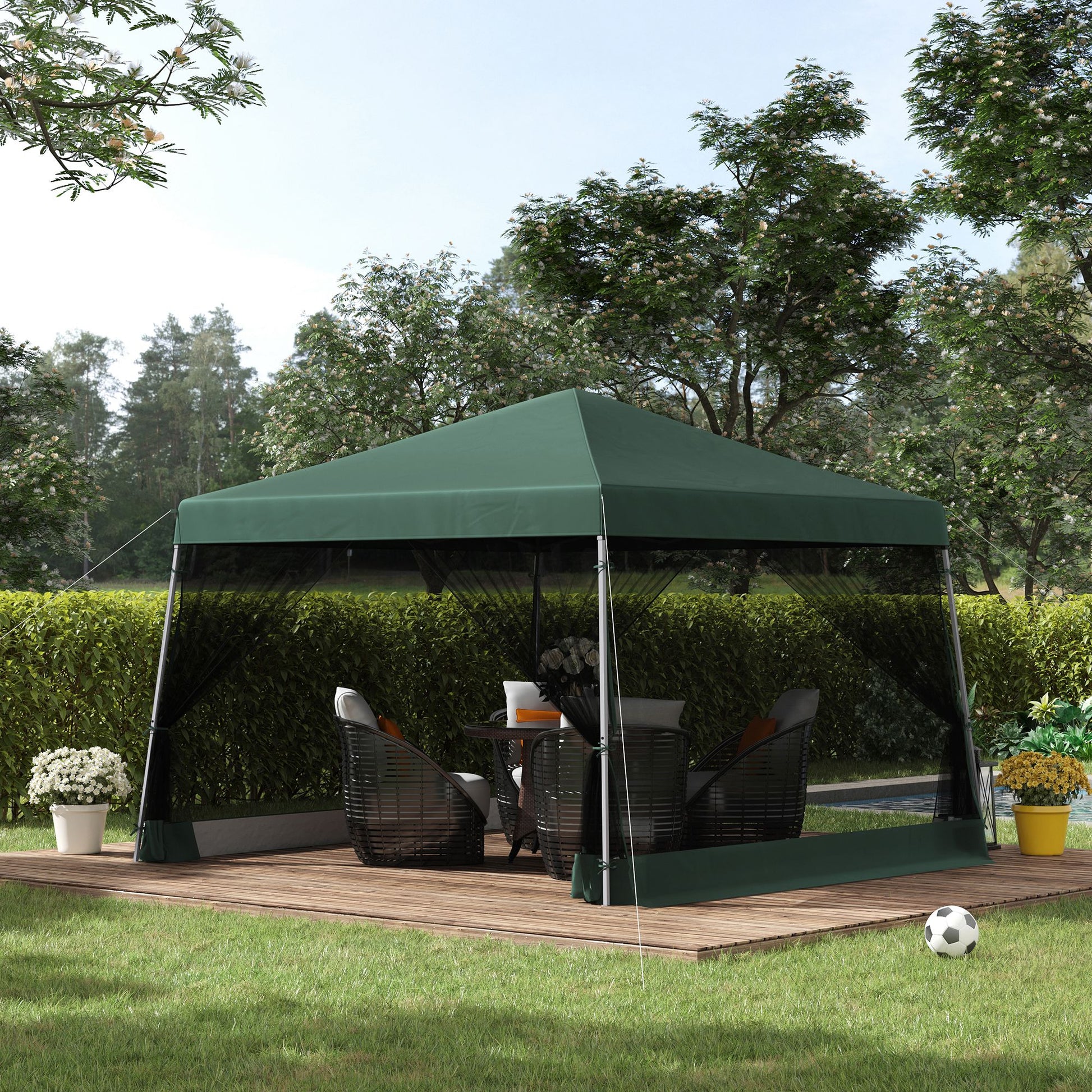 Outsunny Slant Leg Pop Up Canopy Tent With Netting And Carry Bag, Instant Sun Shelter, Tents For Parties, Height Adjustable, For Outdoor, Garden, Patio, 11.5'X11.5' Base 10'X10' Top , Green Green Steel