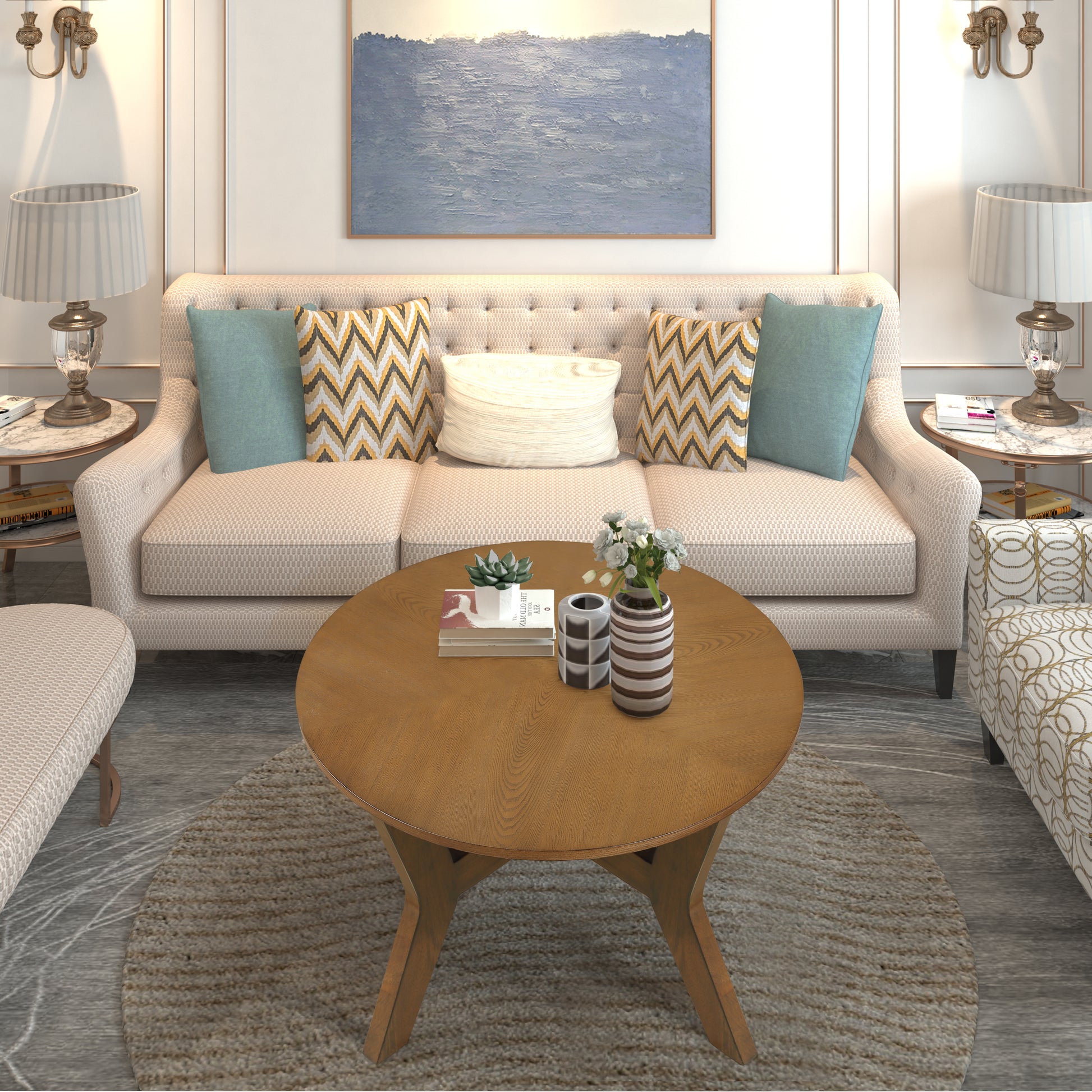 32Inch Wood Round Coffee Table For Living Room,Mid Century Farmhouse Circle Wooden Coffee Tables For Apartment, Easy Assembly, Walnut Walnut Rubber Wood