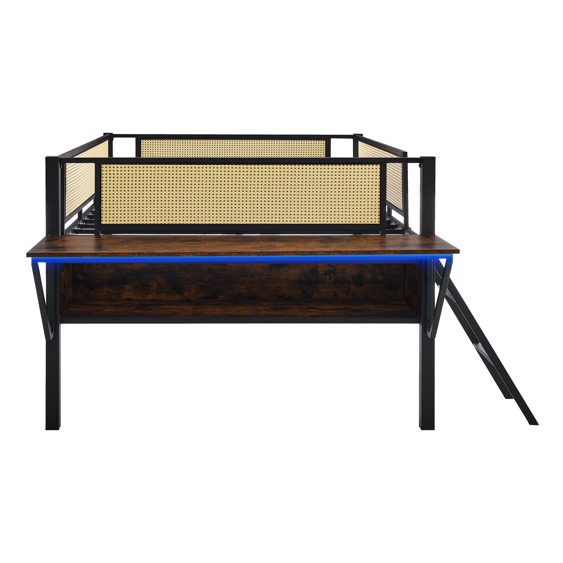Single Metal Loft Bed With Rectangular Desk, Led Lights, Led Loft Bed Frame Double Bed With Storage Shelves And Hanging Storage Compartments, Safety Guard And Ladder, No Box Springs Required, Rattan G Full Black Brown Mdf Iron