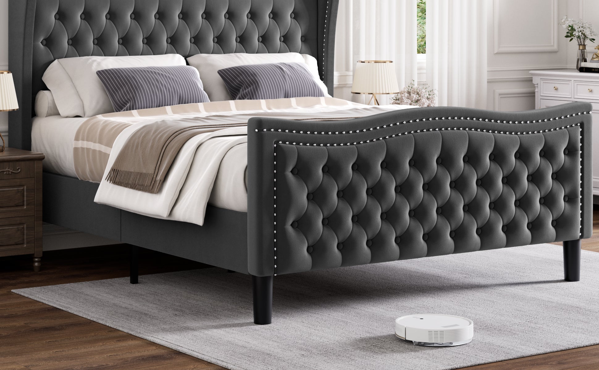 Lift Up Velvet Gray Queen Size Bed Box Spring Not Required Queen Gray Wood Light Brown Bedroom American Design Poplar Slat Beds Foam Velvet Upholstered