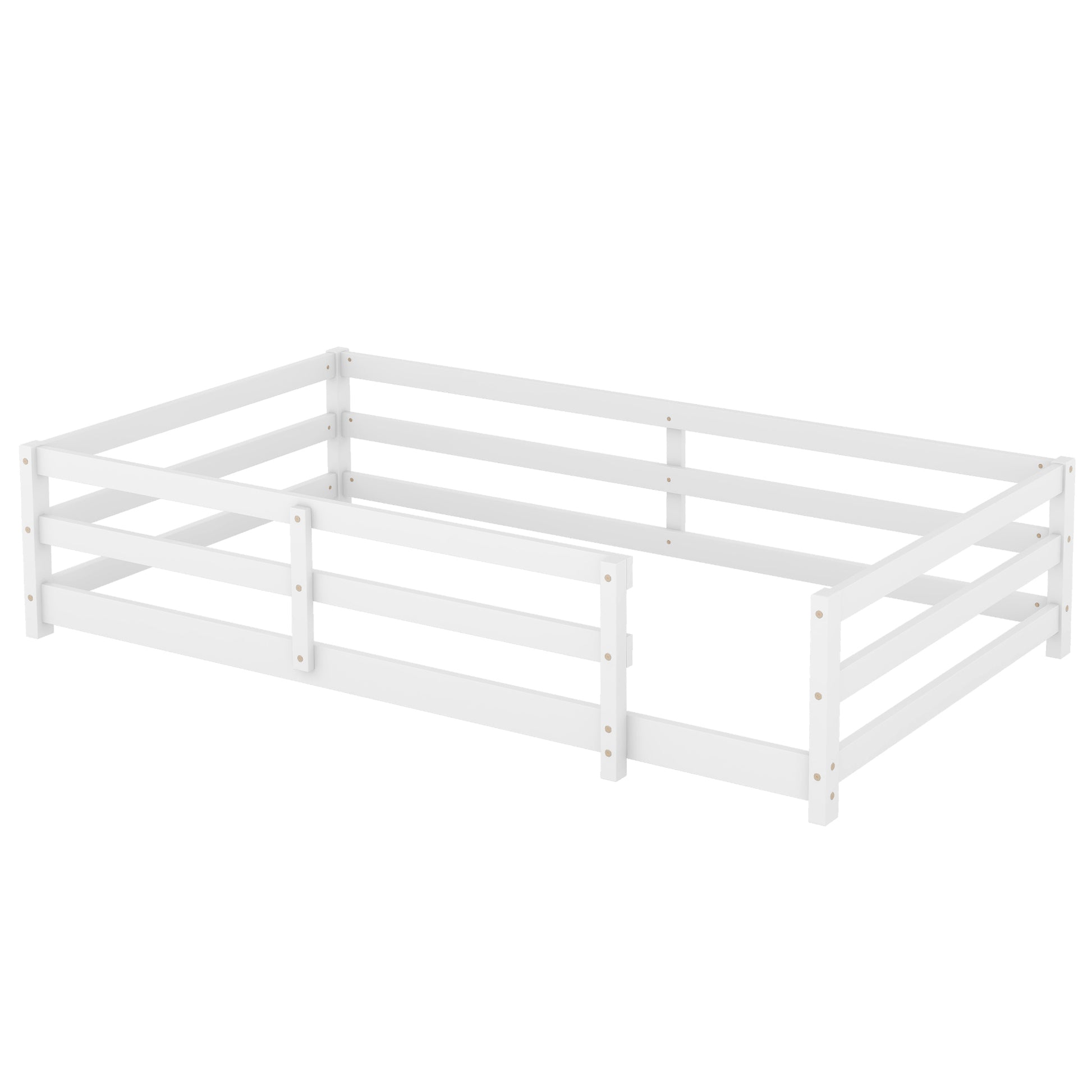 Twin Size Floor Bed, Montessori Floor Bed With Fence, Kids Montessori Bed Twin Size, Wood Montessori Floor Bed For Kids, Girls, Boys White White Wood Metal