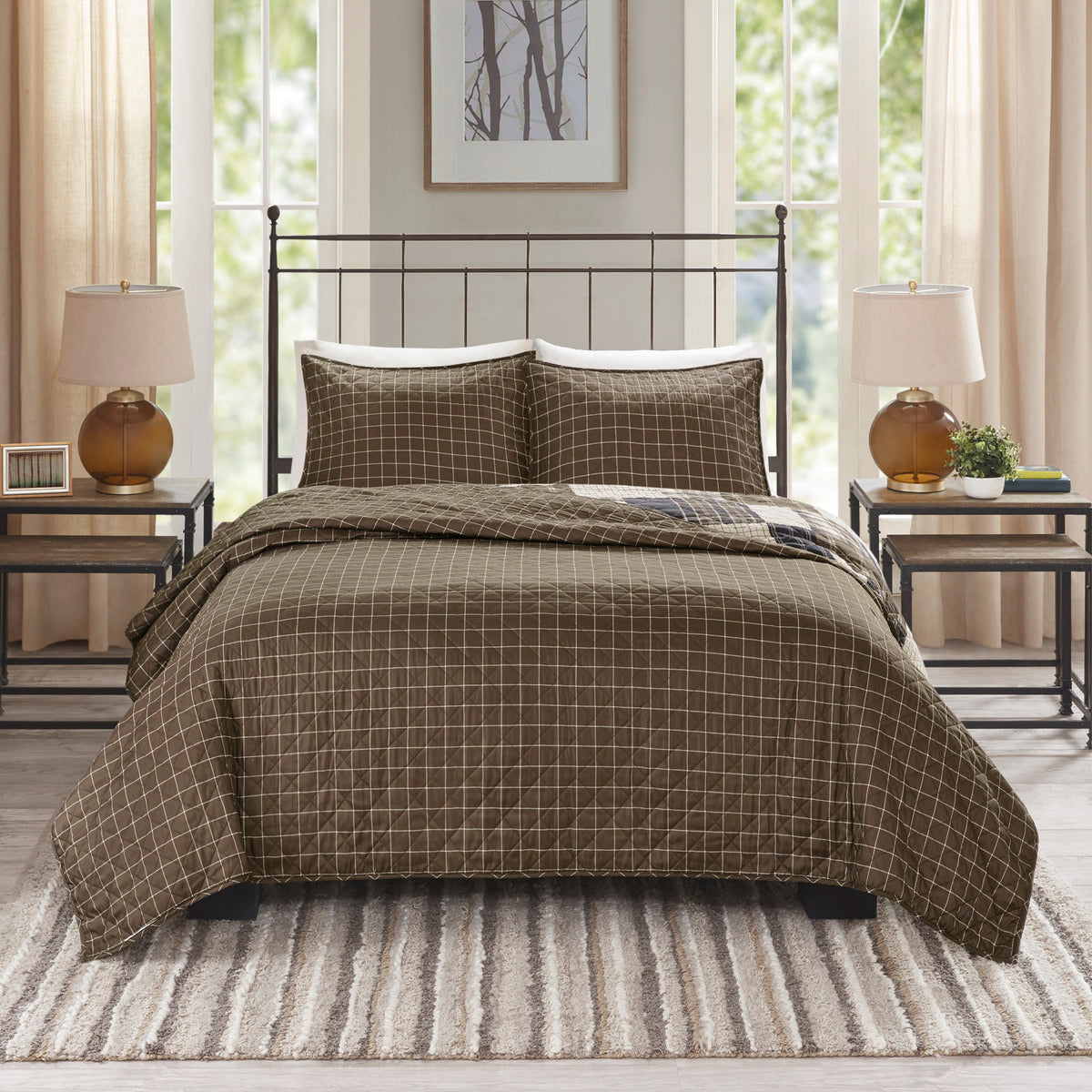 3 Piece Reversible Printed Quilt Set Black Brown Full Queen Black Brown Microfiber