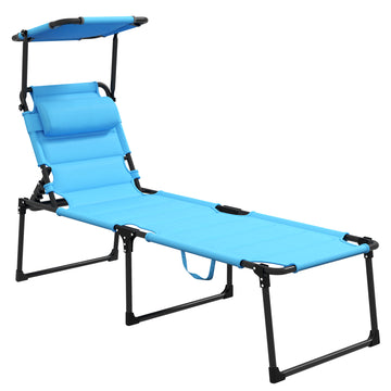 Outsunny Outdoor Lounge Chair, Adjustable Backrest Folding Chaise Lounge, Cushioned Tanning Chair W Sunshade Roof & Pillow Headrest For Beach, Camping, Hiking, Light Blue Light Blue Steel