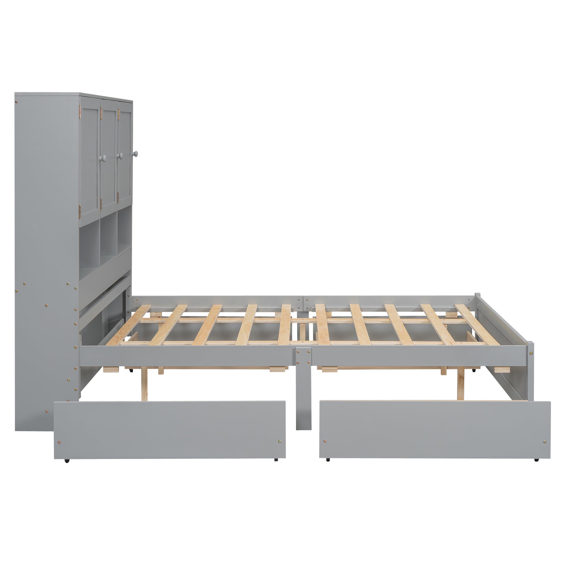 Queen Size Platform Bed With Storage Headboard And 4 Drawers, Gray Box Spring Not Required Queen Gray Wood Bedroom Bed Frame Solid Wood Mdf