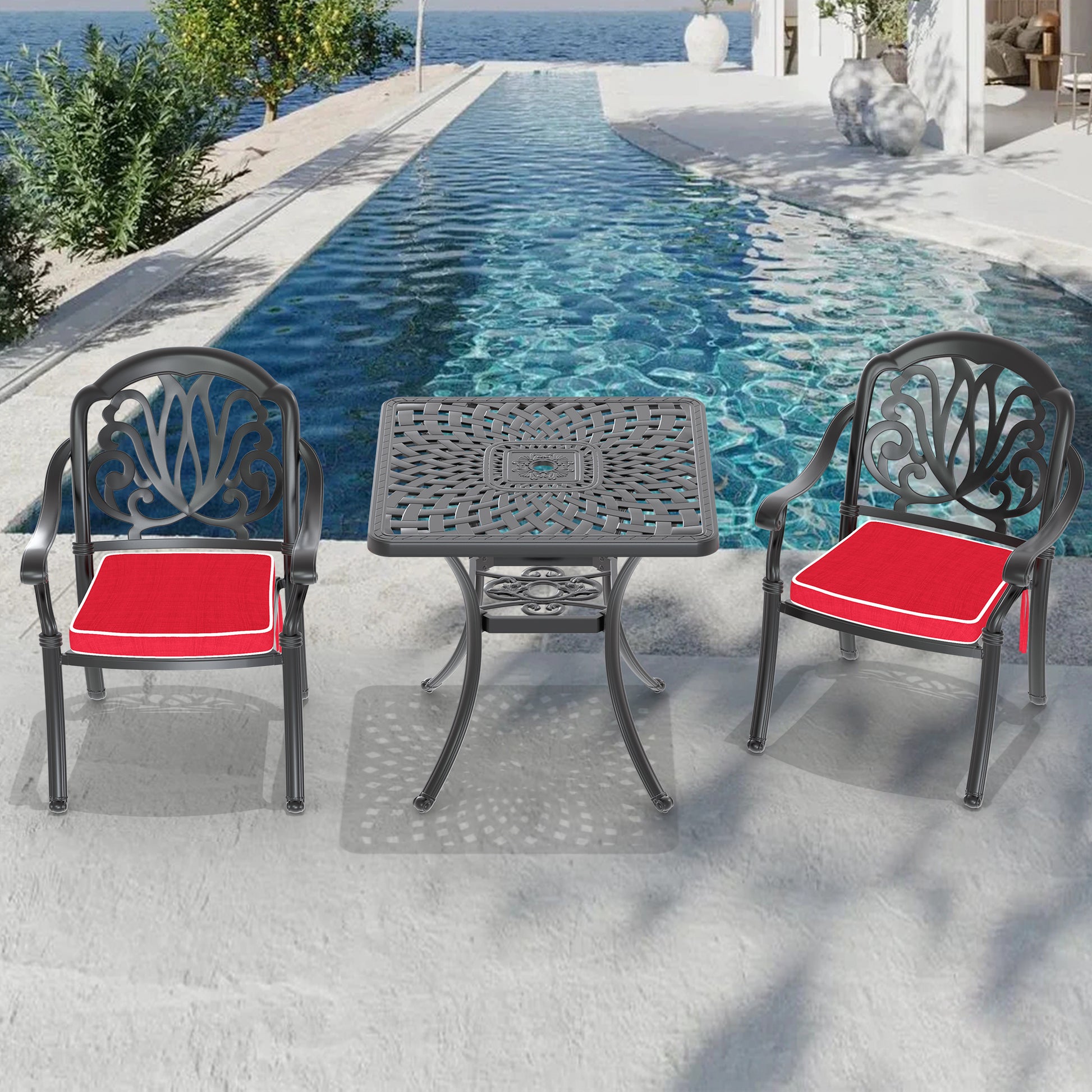 Cushions In Random Colors 3 Piece Set Of Cast Aluminum Patio Furniture With Cushions Yes Dining Set Black Seats 2 Rust Resistant Frame Water Resistant Cushion Garden & Outdoor Complete Patio Sets Aluminium
