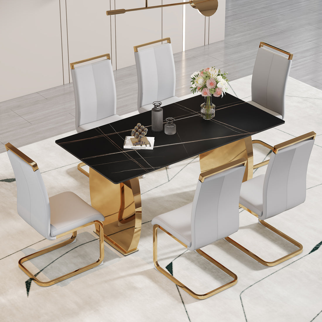 Table And Chair Set,Modern Rectangular Table With 0.4 Inch Black Patterned Tabletop And Gold Legs, Suitable For Kitchen, Dining Room, And Living Roomcomfortable Pu Seats,Perfect For Dinner, Meet Grey Black Seats 6 Sintered Stone