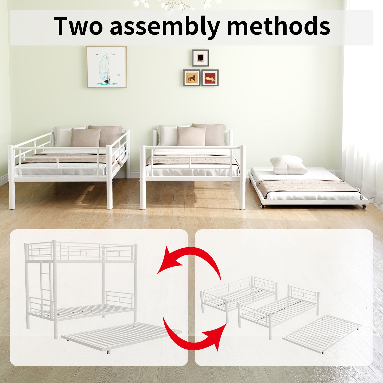 Heavy Duty Sturdy Meta Twin Over Twin With Trundle Bunk Bed L Noise Reduced Safety Guardrail No Box Spring Needed,White Box Spring Not Required Twin White Metal
