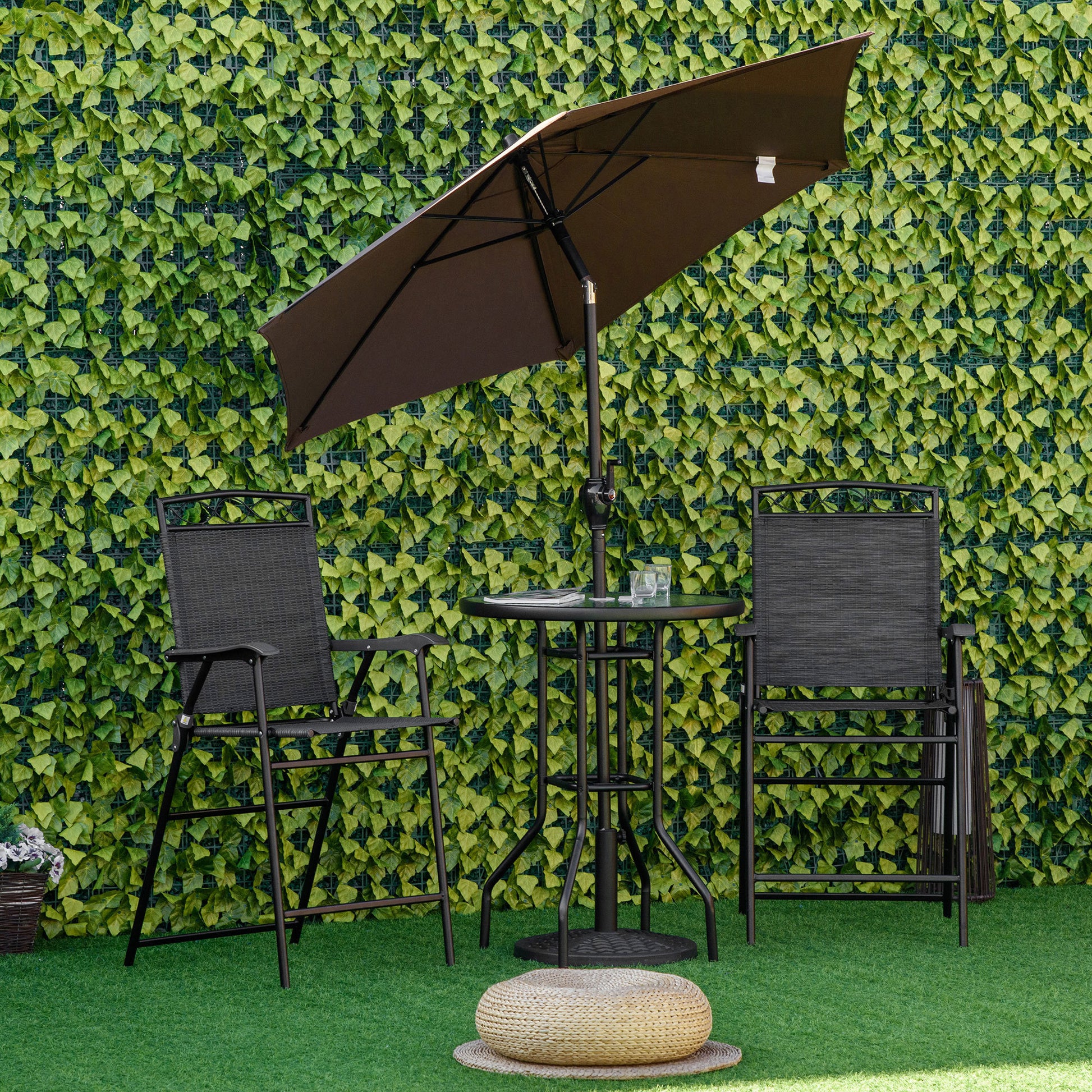 Outsunny 4 Piece Outdoor Patio Dining Furniture Set, 2 Folding Chairs, Adjustable Angle Umbrella, Wave Textured Tempered Glass Dinner Table, Black Black Steel