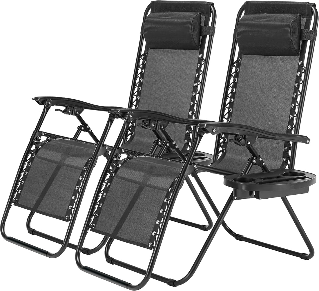2 Set Zero Gravity Chairs Patio Portable Reclining Folding Lounge Chair Beach Camping Chairs With Pillow And Cup Holder Trays For Garden, Poolside, Black Black Steel