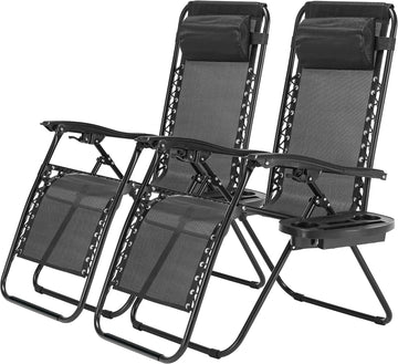 2 Set Zero Gravity Chairs Patio Portable Reclining Folding Lounge Chair Beach Camping Chairs With Pillow And Cup Holder Trays For Garden, Poolside, Black Black Steel