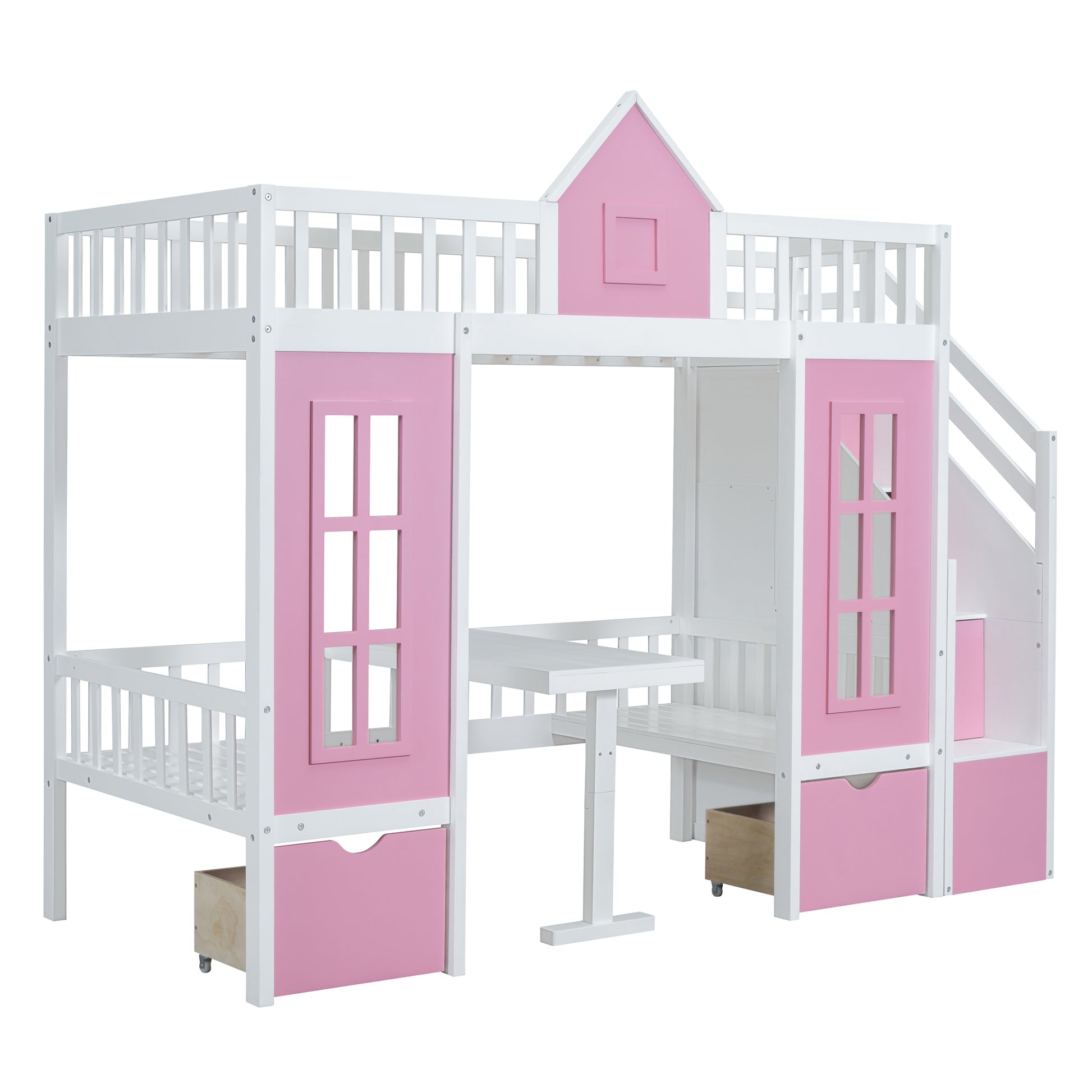 Twin Over Twin Bunk Bed With Changeable Table, Bunk Bed Turn Into Upper Bed And Down Desk Pink Twin Pink Solid Wood