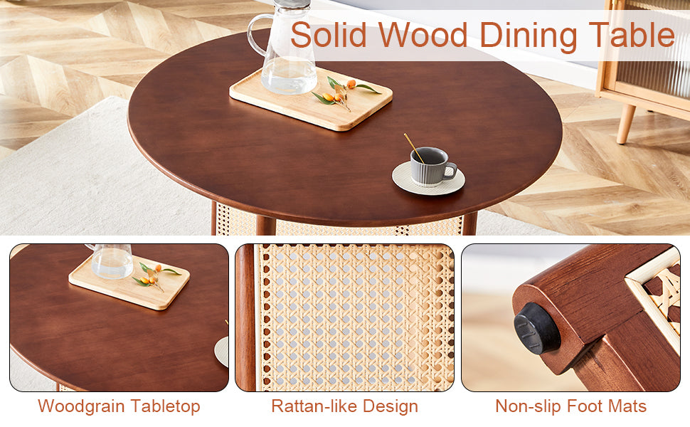 Table And Chair Set, Ancient Style Solid Wood Dining Table, Imitation Rattan Table Legs, Beautiful Simple Solid Wood Dining Chair, Perfect For Dinner, Meetings, Home And Office Decoration Walnut Rubber Wood