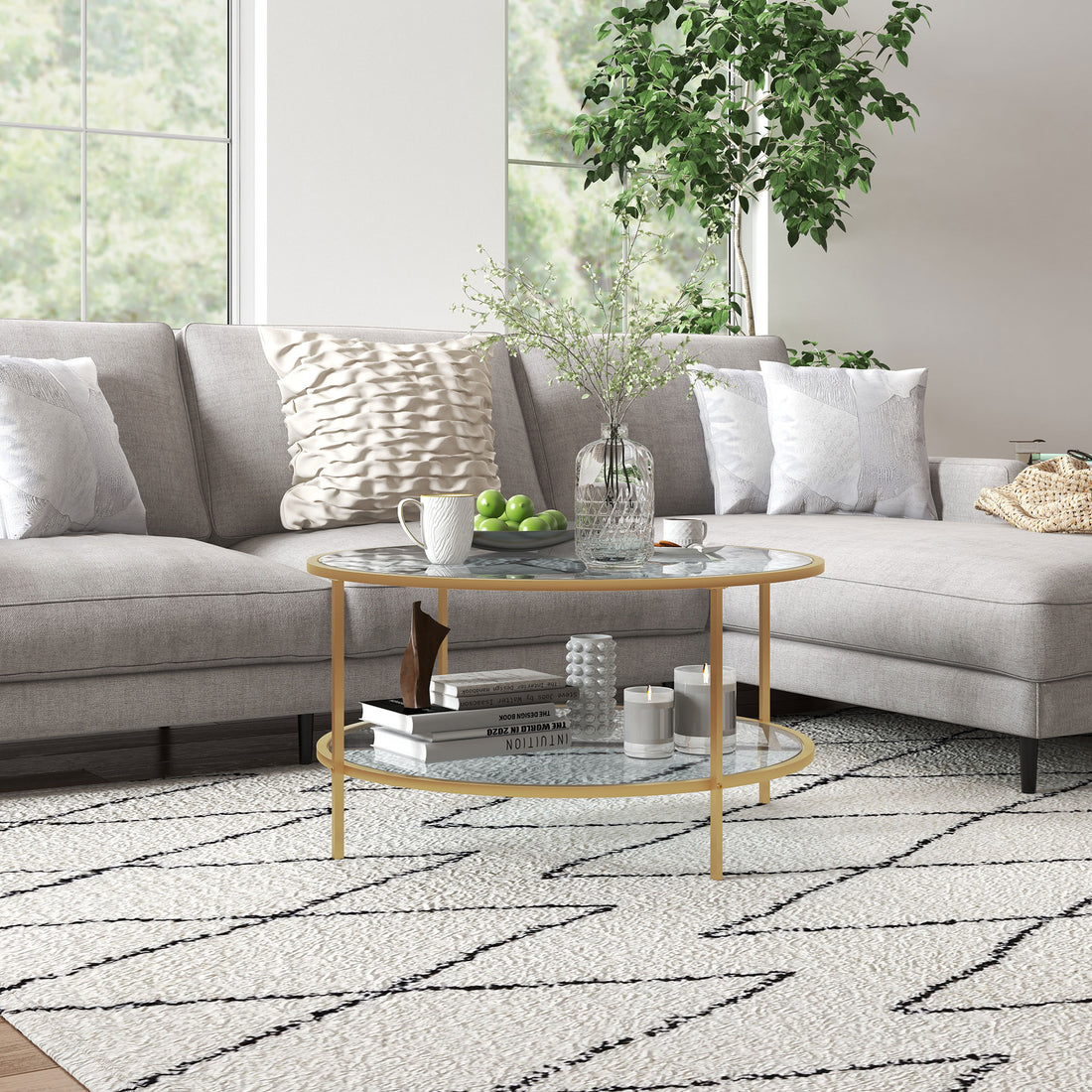 Homcom Side Table With Storage, 32" Round End Table, 2 Tier Tempered Glass Coffee Table With Steel Frame For Living Room, Gold Gold Glass Metal