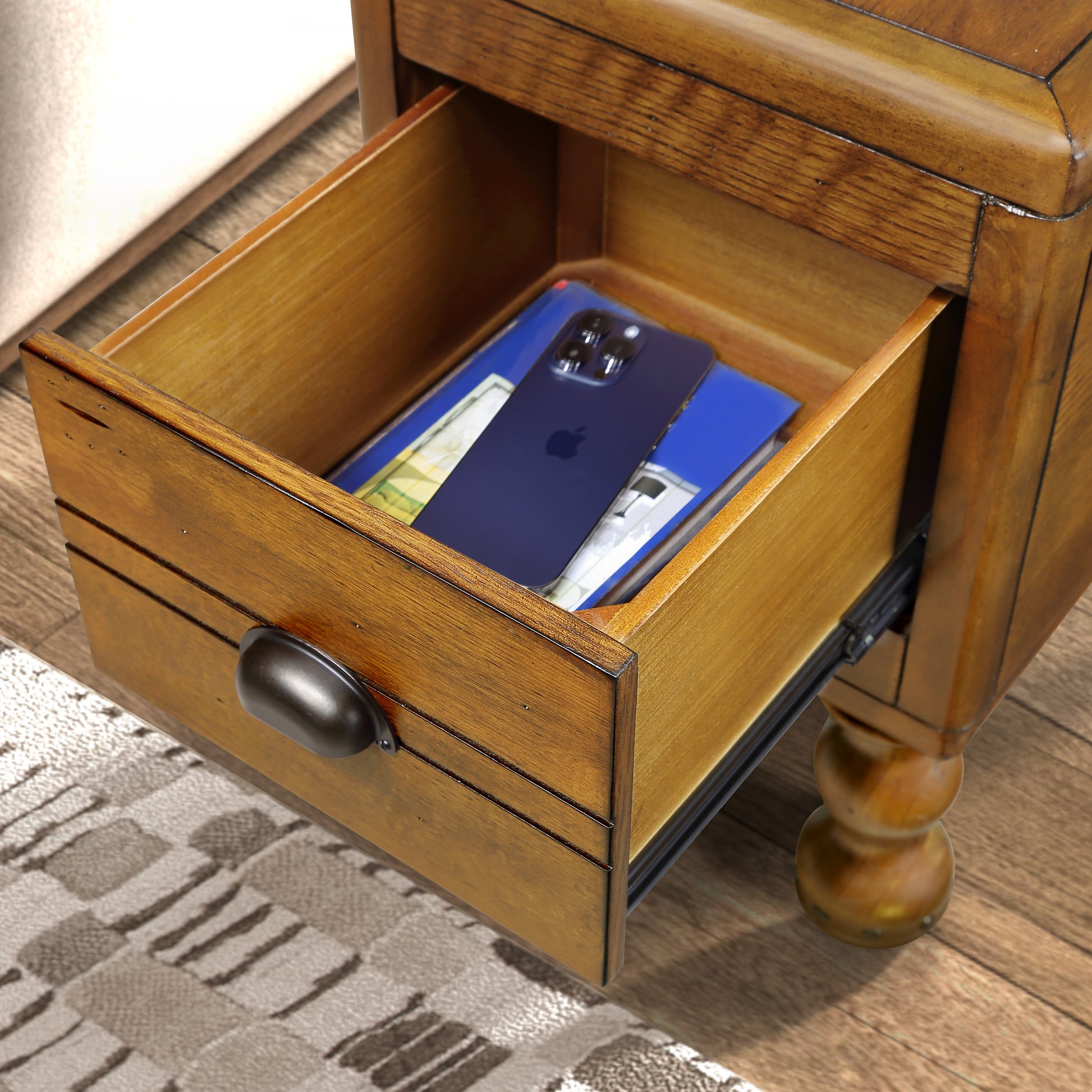 Solid Wood End Table, Rectangle 23.6 Inch Narrow Side Table With Drawer, Vintage Bedside Table Nightstand For Small Spaces, Living Room, Bedroom, Easy Assembly, Antique Brown Antique Brown Pine