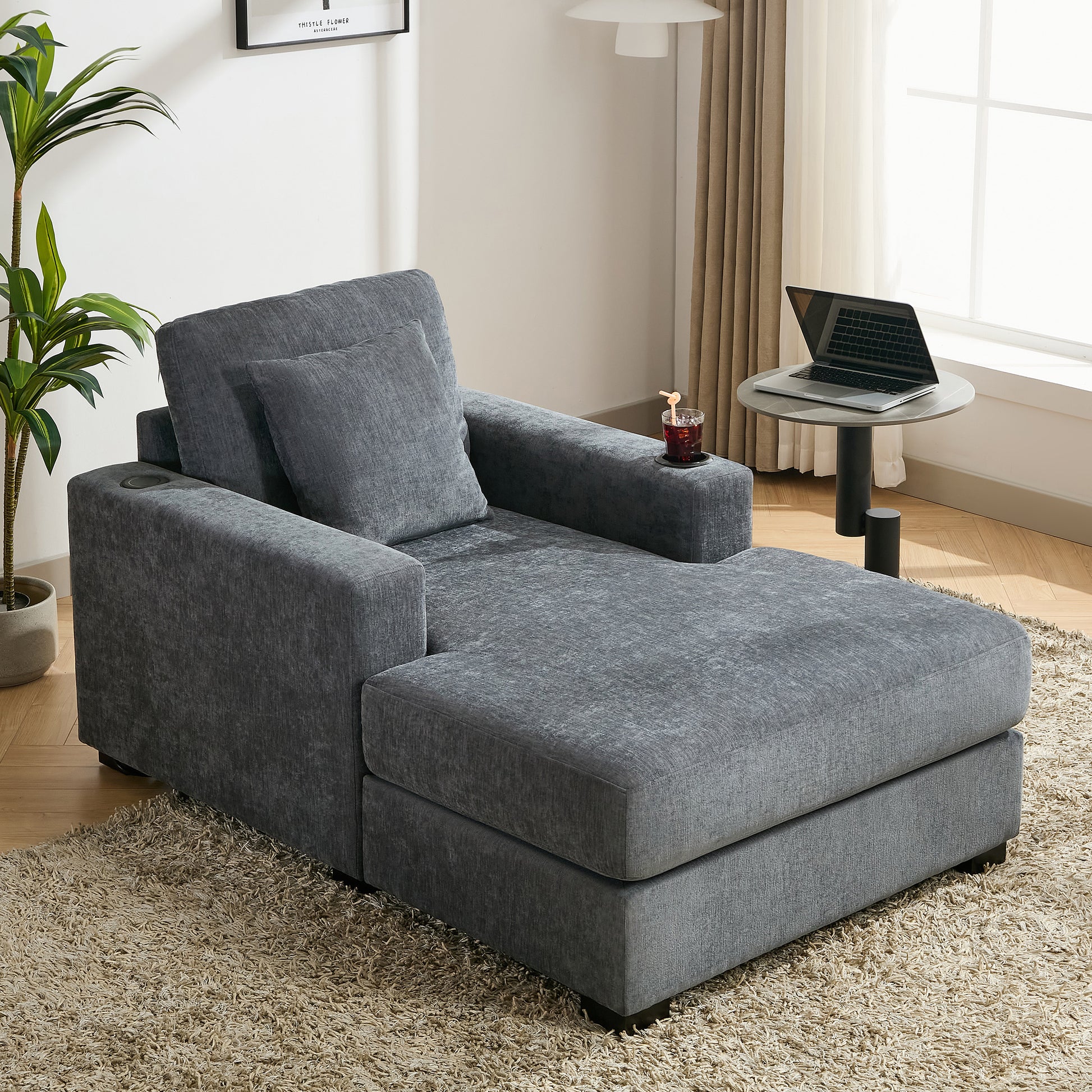 39.7" Oversized Chaise Lounger Modern Style Sofa Couch ,With Pillows, Charge Station & Cup Holders, Chenille Fabric, Blue Gray Blue Gray Chenille