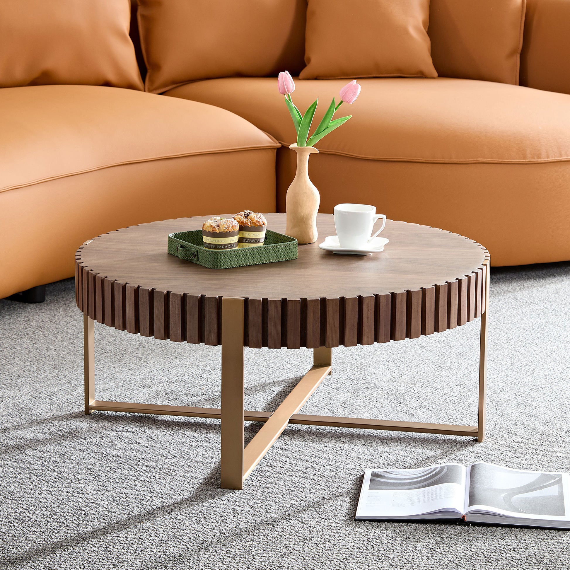 Modern Handcraft Drum Coffee Table 31.5 Inch Round Coffee Table For Living Room,Small Coffee Table With Sturdy Pedestal,Walnut Walnut Mdf Metal
