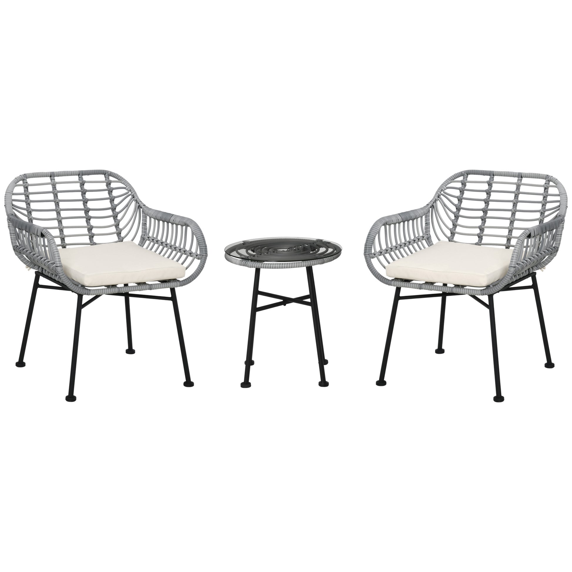 Outsunny 3 Piece Patio Set, Outdoor Bistro Furniture, Pe Rattan Wicker Table And Chairs, Cushioned, Hand Woven, Modern Look With Tempered Glass For Garden, Porch, Pool, Backyard, Cream White Gray White Matte Steel