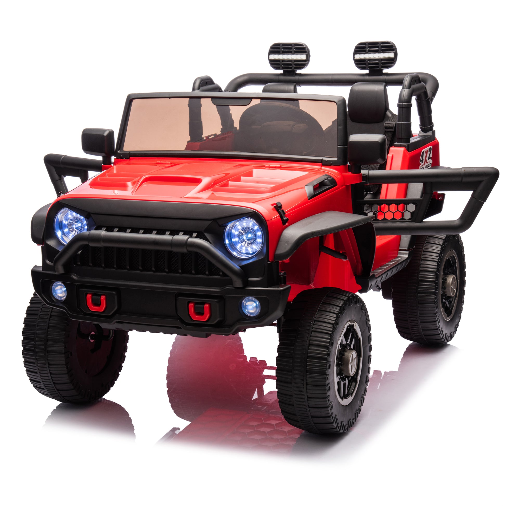 24V Two Seater Kids Ride On Truck Car W Parents Control,200W*2,Seat Width 20.28In,Four Wheel Suspension,Led Lights,Music,Mp3,Bluetooth,Two Independent Seat Belts,Suitable For Off Road For Kids Aged 3 Red 100 149 Lbs Polypropylene