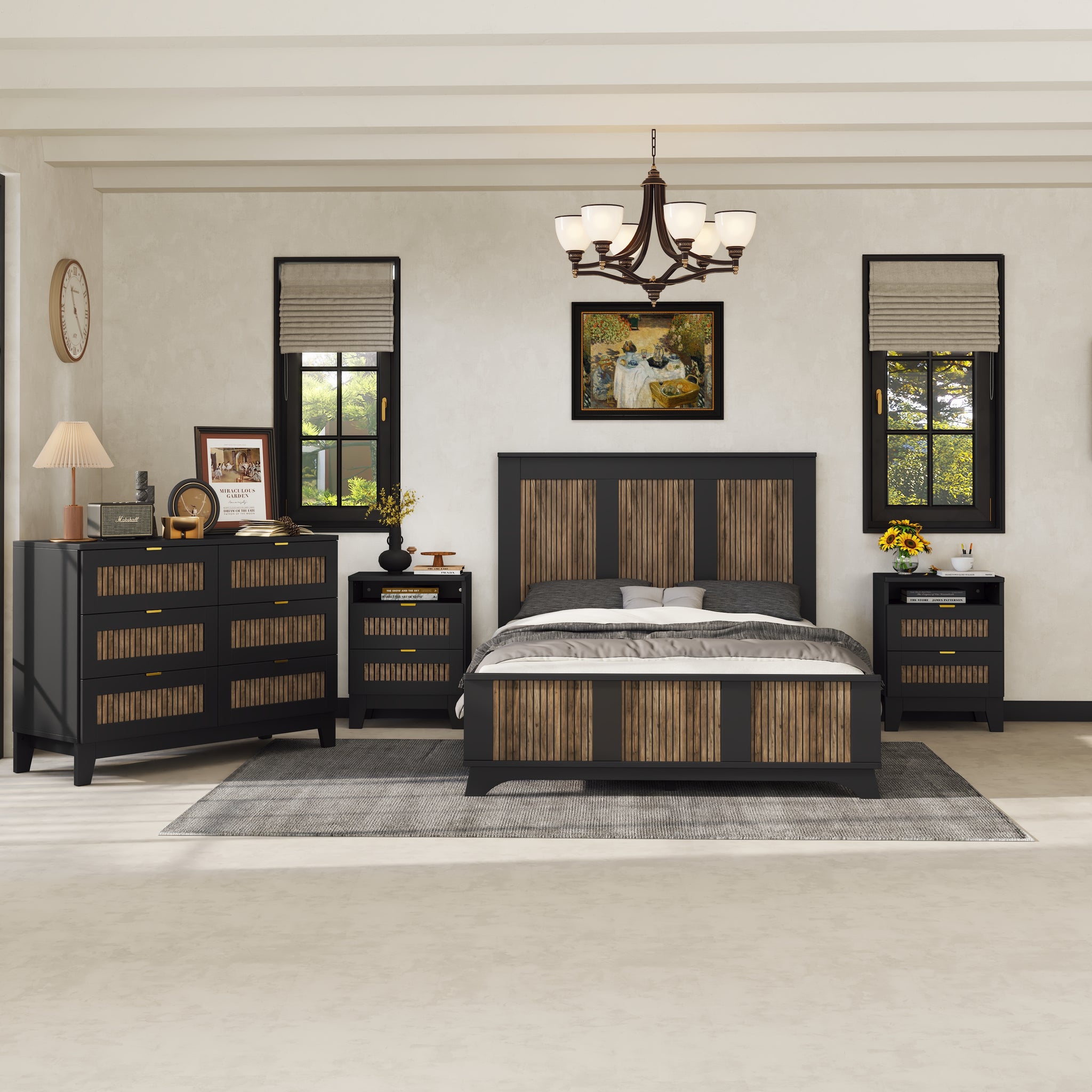 4 Pieces Bedroom Sets, Full Size Farmhouse Platform Bed With Wooden Strip Decoration, Storage Nightstand And Dresser With Metal Handle, Black Full Black 4 Piece Set Particle Board