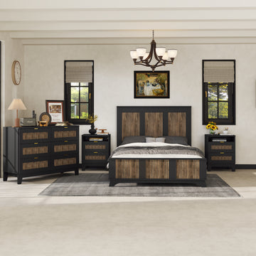 4 Pieces Bedroom Sets, Full Size Farmhouse Platform Bed With Wooden Strip Decoration, Storage Nightstand And Dresser With Metal Handle, Black Full Black 4 Piece Set Particle Board