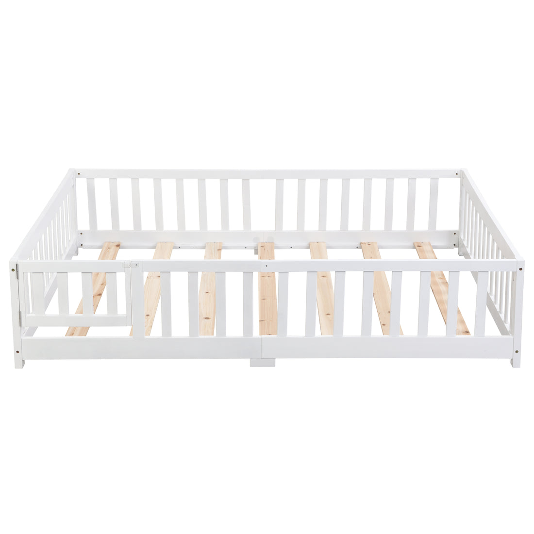 Full Size Floor Bed With Door,Solid Wood Platform Bed Frame With Fence,Suitable For Children,Pine Wood,White Full White Wood