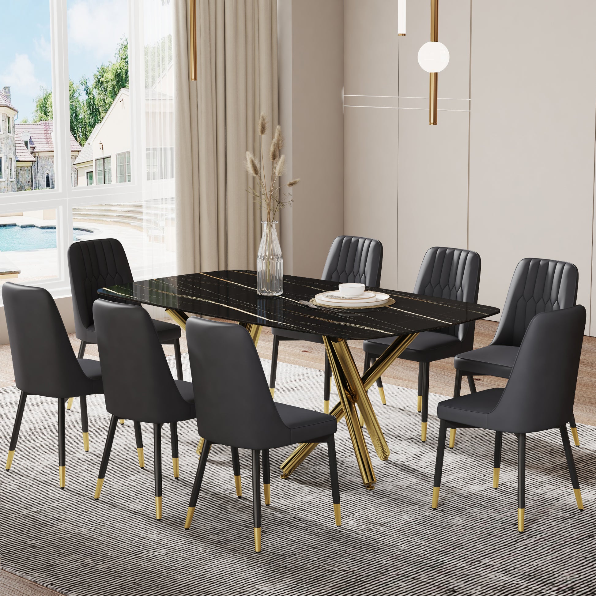 Large Modern Minimalist Rectangular Dining Table With 0.39 "Imitation Marble Black Desktop And Gold Metal Legs, Paired With 8 Chairs With Pu Cushions And Black Metal Legs.F 1538 C 007 Black Gold Glass Metal
