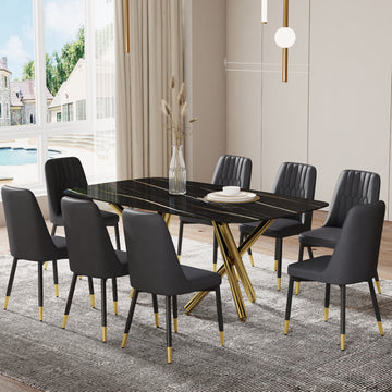 Large Modern Minimalist Rectangular Dining Table With 0.39 "Imitation Marble Black Desktop And Gold Metal Legs, Paired With 8 Chairs With Pu Cushions And Black Metal Legs.F 1538 C 007 Black Gold Glass Metal
