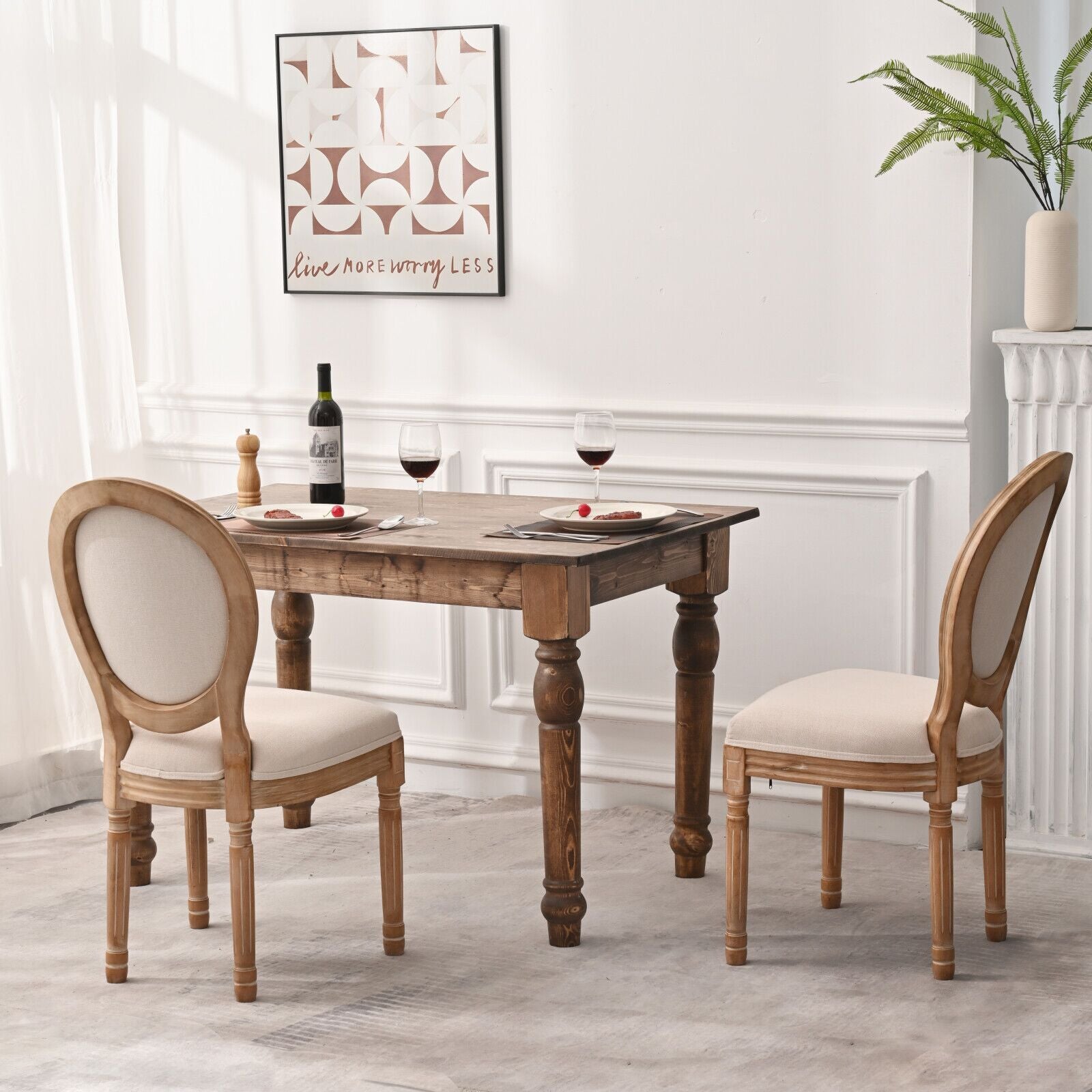 French Country Dining Chairs With Round Back Set Of 2, Upholstered, Solid Wood Legs, Accent Side Chairs For Living Room, Wedding Event Cream Cushion Cream Light Brown Dining Room Round Modern Banquet Chair Rubberwood Cotton Linen Rubber Wood