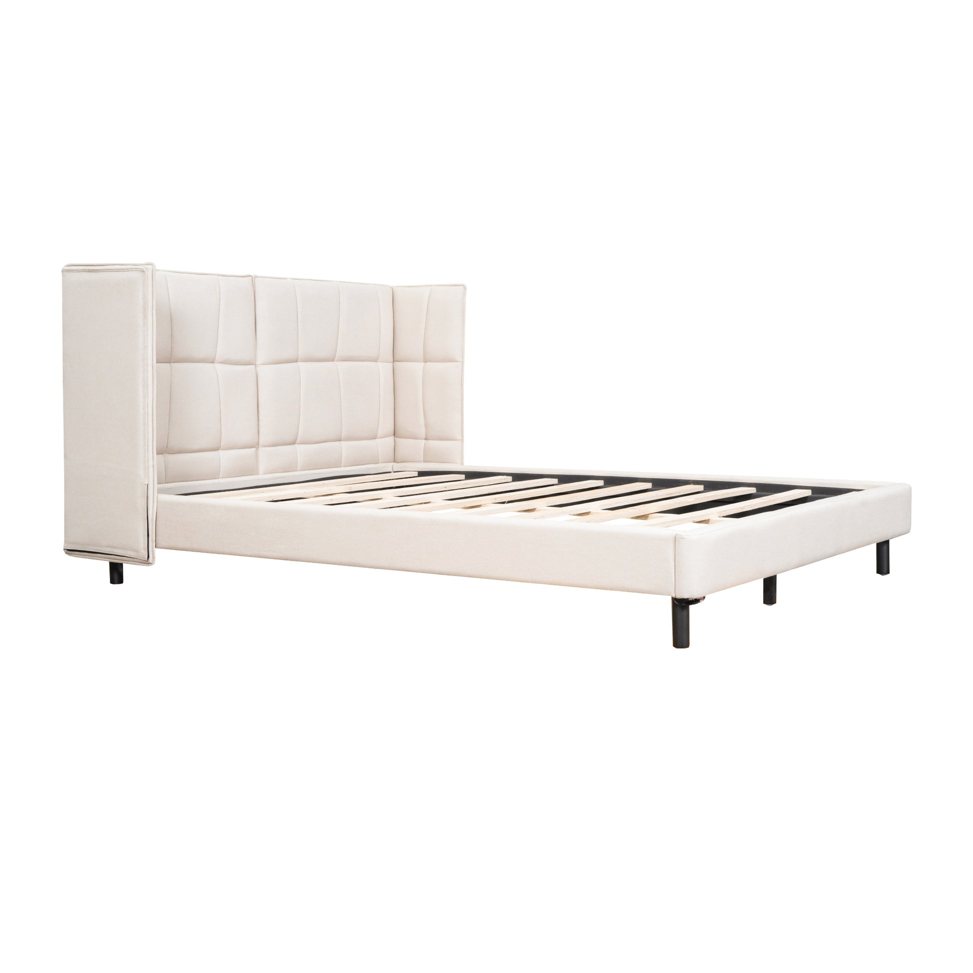 Queen Size Upholstered Platform Bed With Led Lights And U Shaped Headboard, Linen Fabric, Beige Queen Beige Wood Metal