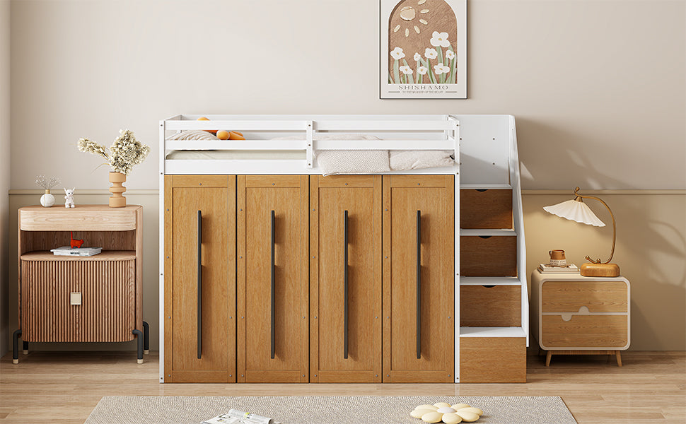 Modern Loft Bed With Two Tone Storage Stairs And Pull Out Wardrobes, White Twin White Solid Wood Mdf