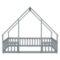 Full Wood House Shaped Floor Bed With Fence, Guardrails,Grey Full Grey American Design Pine