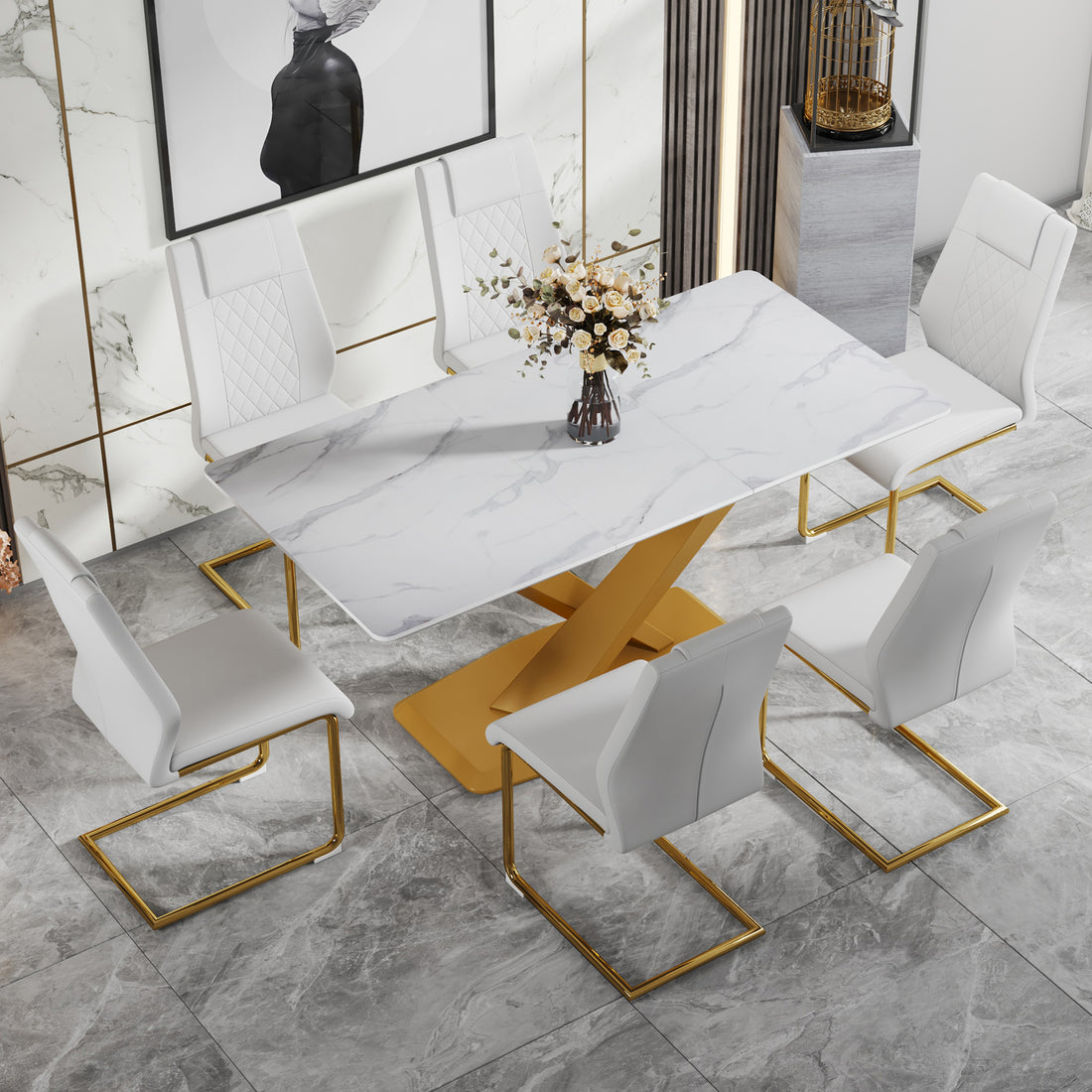 Table And Chair Set, The Table Is Equipped With A Marble Patterned Mdf Tabletop And Gold Table Legs.Dining Chairs,Gold Legged Upholstered Chairs Made Of Artificial Leather. Gold White Seats 6 Mdf
